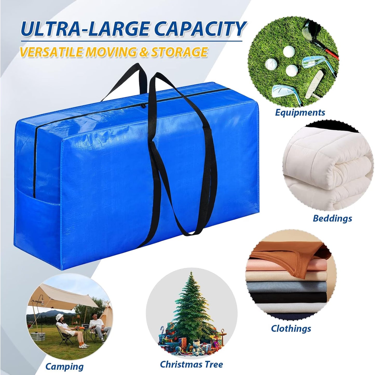 Onekawa 4 Pack Extra Large Moving Bags with Zippers & Carrying Handles,Storage Totes For Space Saving,Alternative to Moving Boxes,Blue