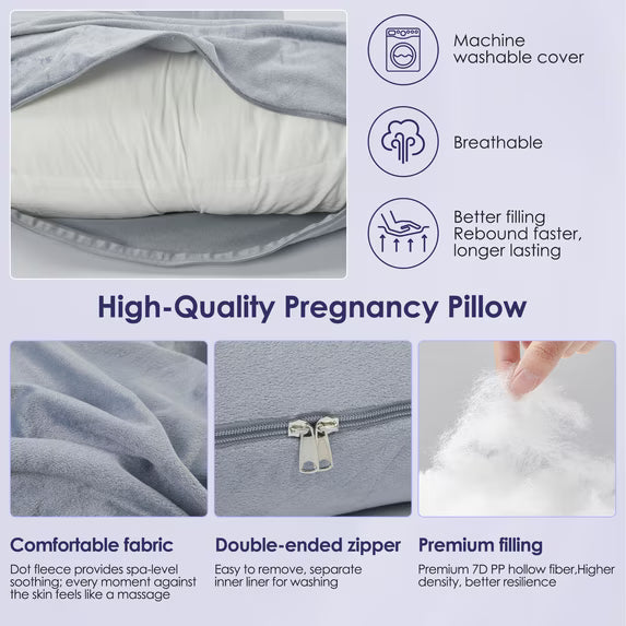 MOONORAH Pregnancy Pillow for Sleeping, E-Shaped Full Body Pillow for Side Sleepers, Wedge Body Support for Back Belly Hips Legs, Adjustable Detachable, 59'' Gray, Removable Cover