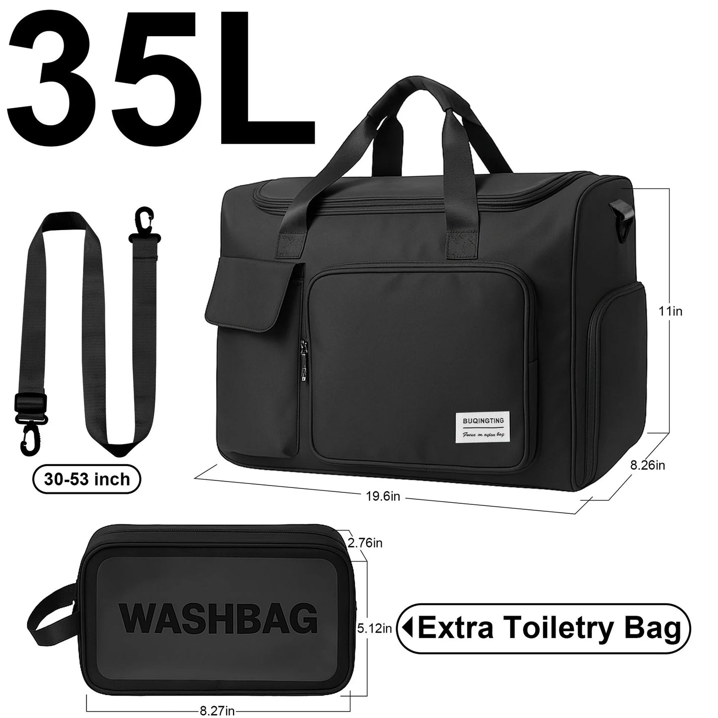 Onekawa Gym Bag 35L for Men & Women -Travel Duffel Bag , Waterproof Sports Duffel Bag with Toiletry Bag, Foldable Travel Backpack for Camping, Yoga, Weekend Trips - Black