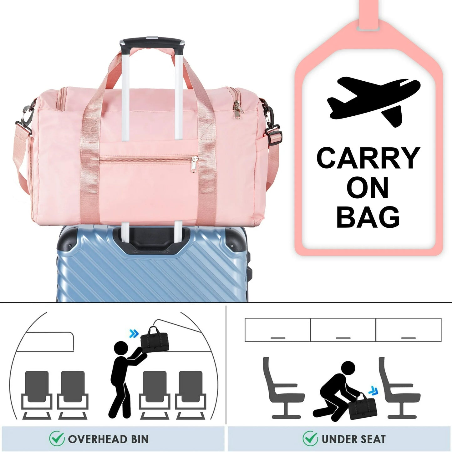 Onekawa Gym Bag 35L for Men & Women -Travel Duffel Bag , Waterproof Sports Duffel Bag with Toiletry Bag, Foldable Travel Backpack for Camping, Yoga, Weekend Trips - Pink