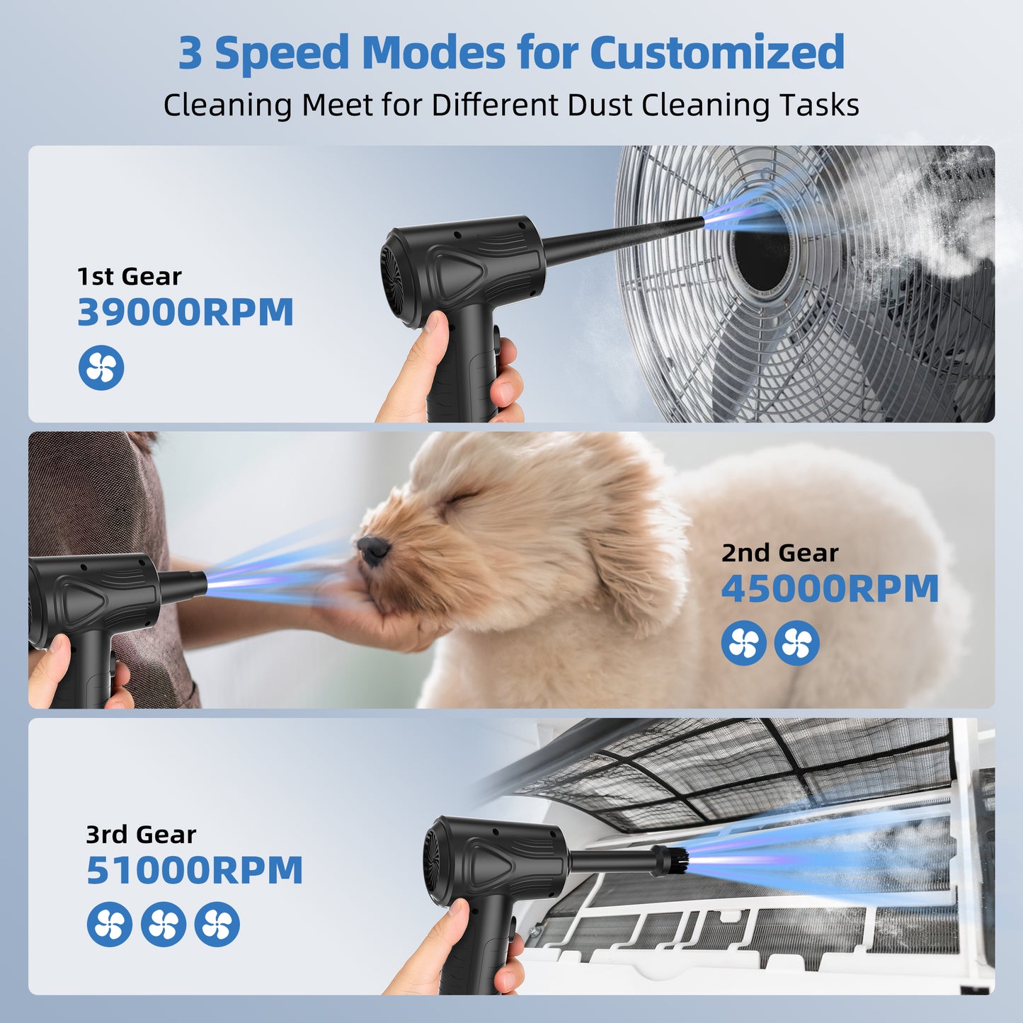 KAIPARA Electric Air Duster 51000RPM - Cordless Rechargeable Air Blower with 6000mAh Battery, 3-Speed Adjustable, LED Light for Keyboard, Car, Electronics - Replaceable Inflatable Nozzle-Black