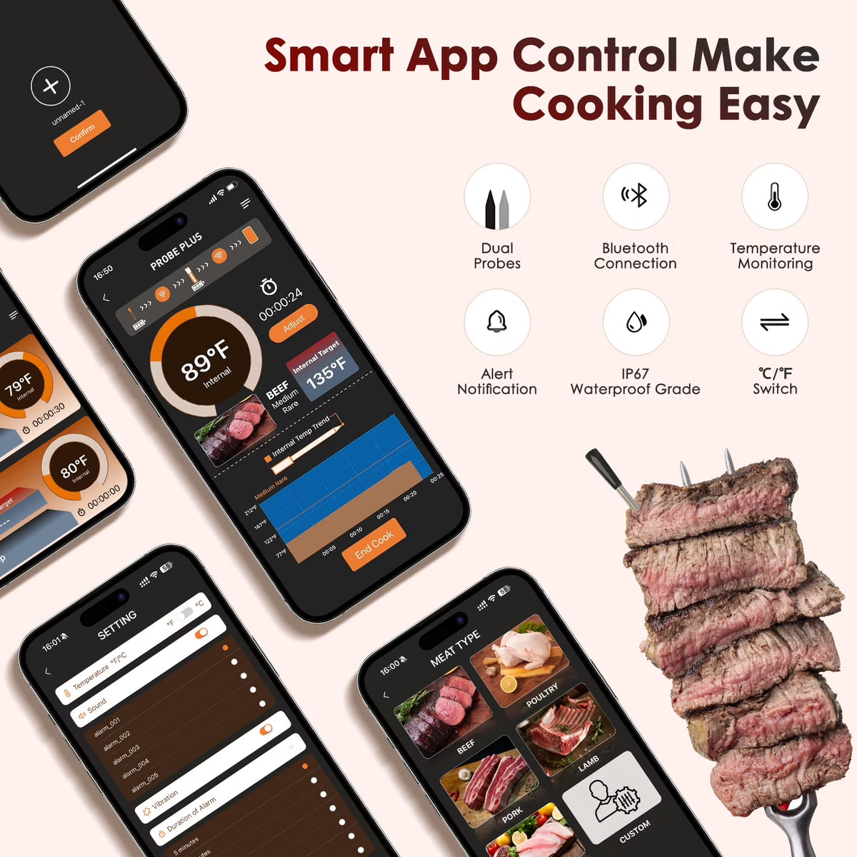 Kaipara Smart Wireless Meat Thermometer - Bluetooth App, 2 Probe Set