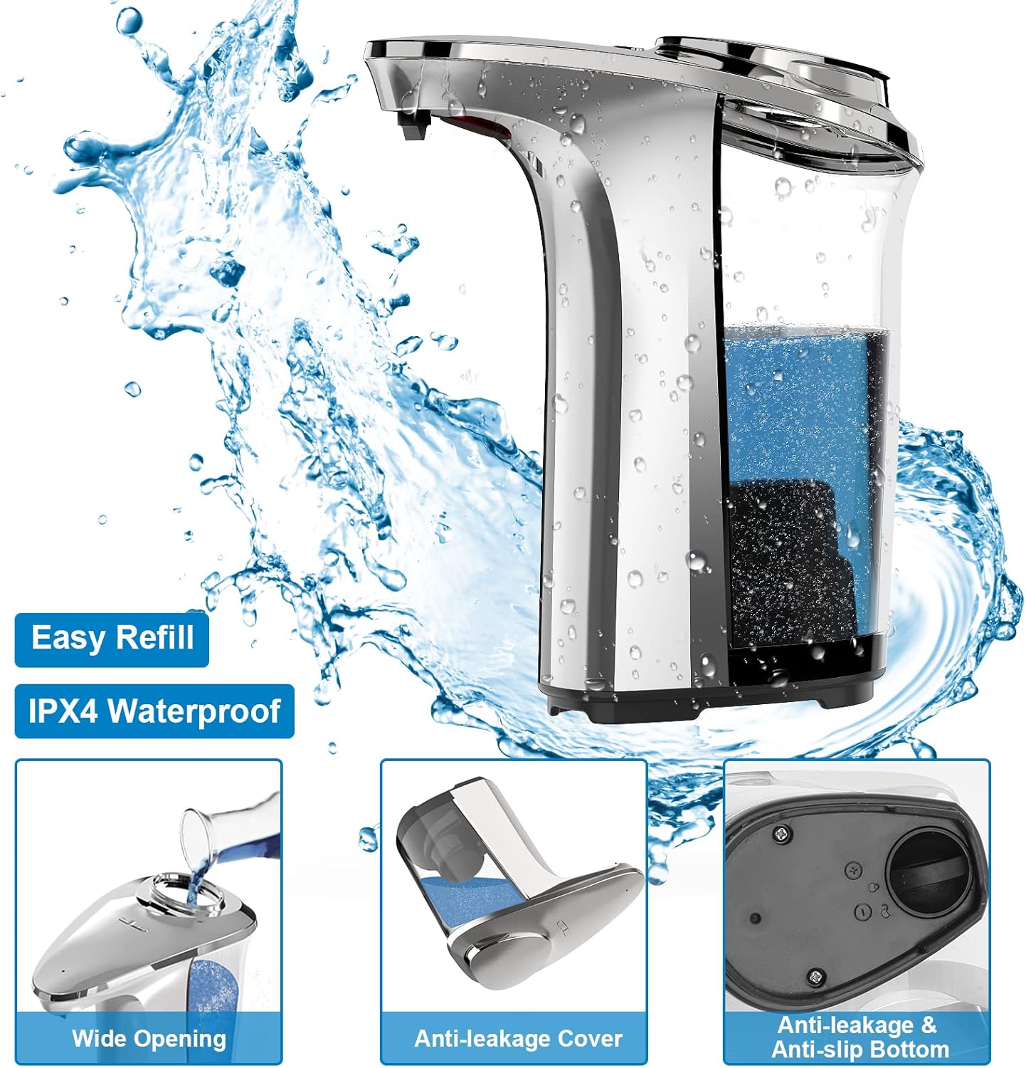 WANALIT Automatic Soap Dispenser Touchless, 17oz/500ml Dish Soap Dispenser with Infrared Sensor, 5 Adjustable Foam Levels, for Kitchen Bathroom Sink Countertop, Silver