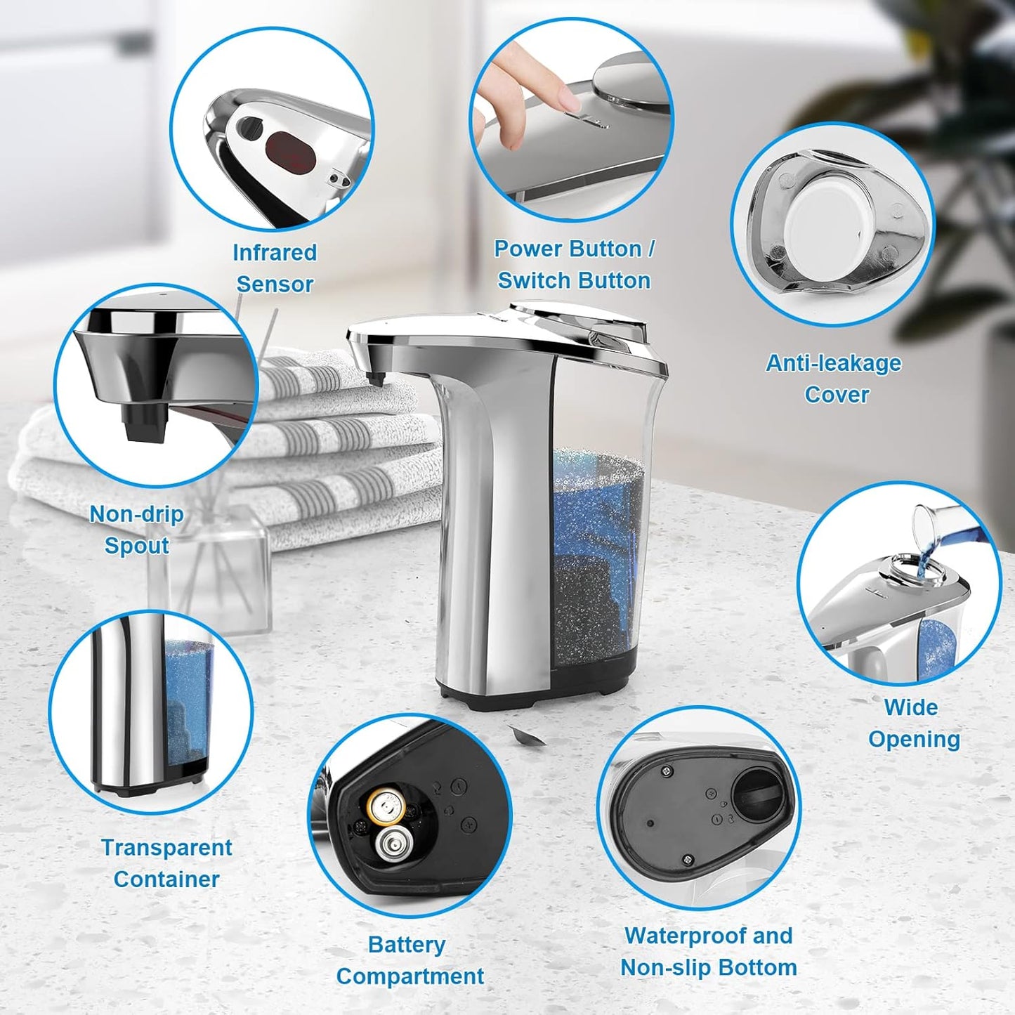 WANALIT Automatic Soap Dispenser Touchless, 17oz/500ml Dish Soap Dispenser with Infrared Sensor, 5 Adjustable Foam Levels, for Kitchen Bathroom Sink Countertop, Silver