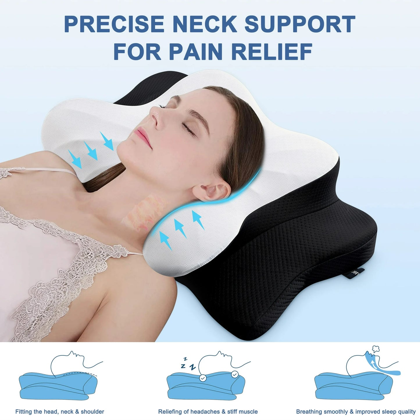 DONAMA Orthopedic Pillow for Neck Pain Relief,Cervical Travel Pillow,Contour Memory Foam Pillow,Ergonomic Pillows for Side Back&Stomach Sleepers with Breathable Pillowcase,Standard,Black