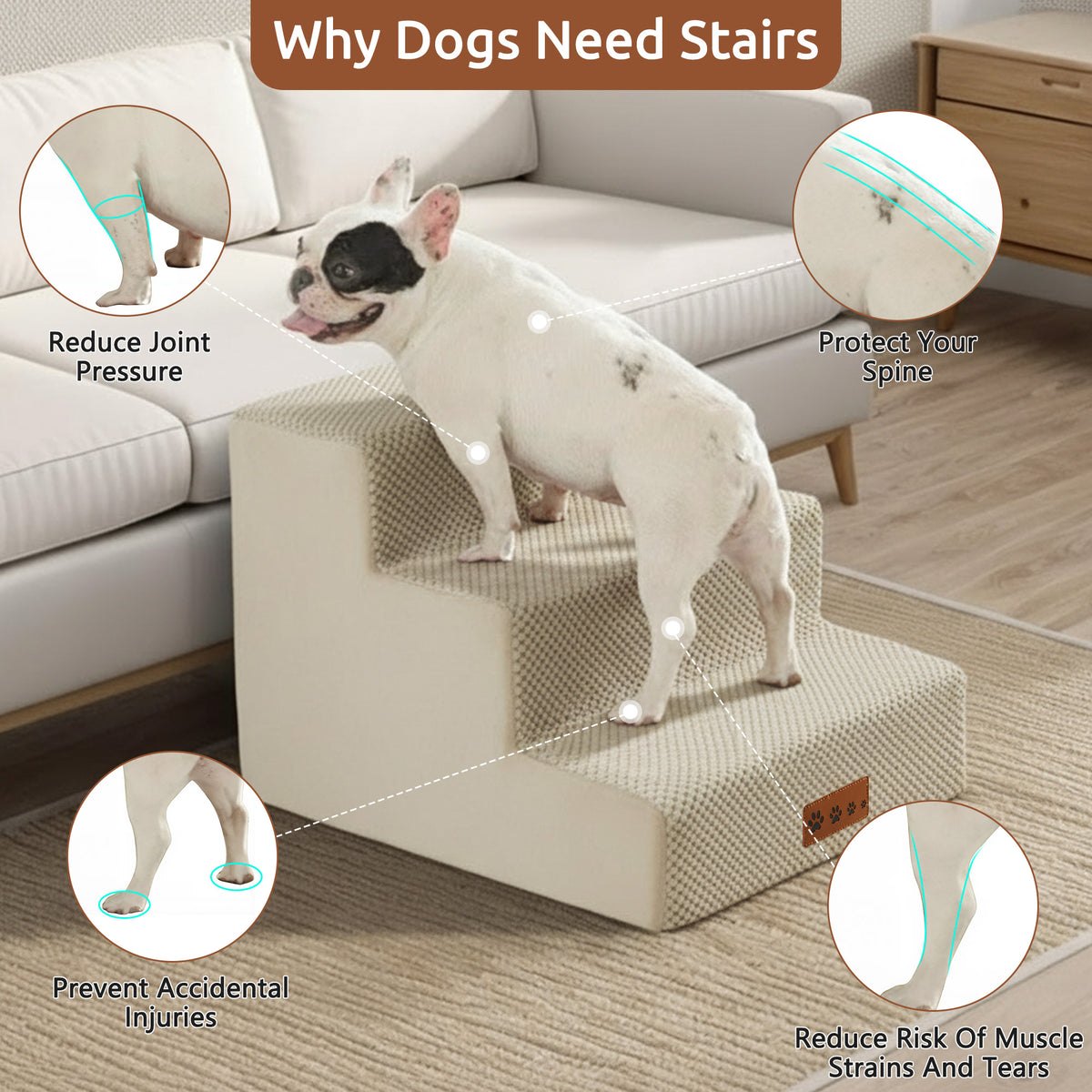 MOONORAH Dog Stairs for Small Dogs 13.8"H, 3-Step Dog Steps for High Bed,Pet Steps for Small Dogs and Cats,Dog Stairs Ramp for High Density Foam,Beige
