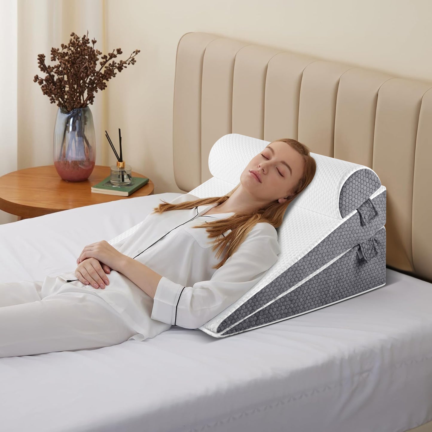 KAIPARA Cooling Wedge Pillow Set, 3-Piece Adjustable Memory Foam Bed Wedge Pillow for Sleeping - Acid Reflux, Snoring, Neck Pain and Back Pain, White and Grey