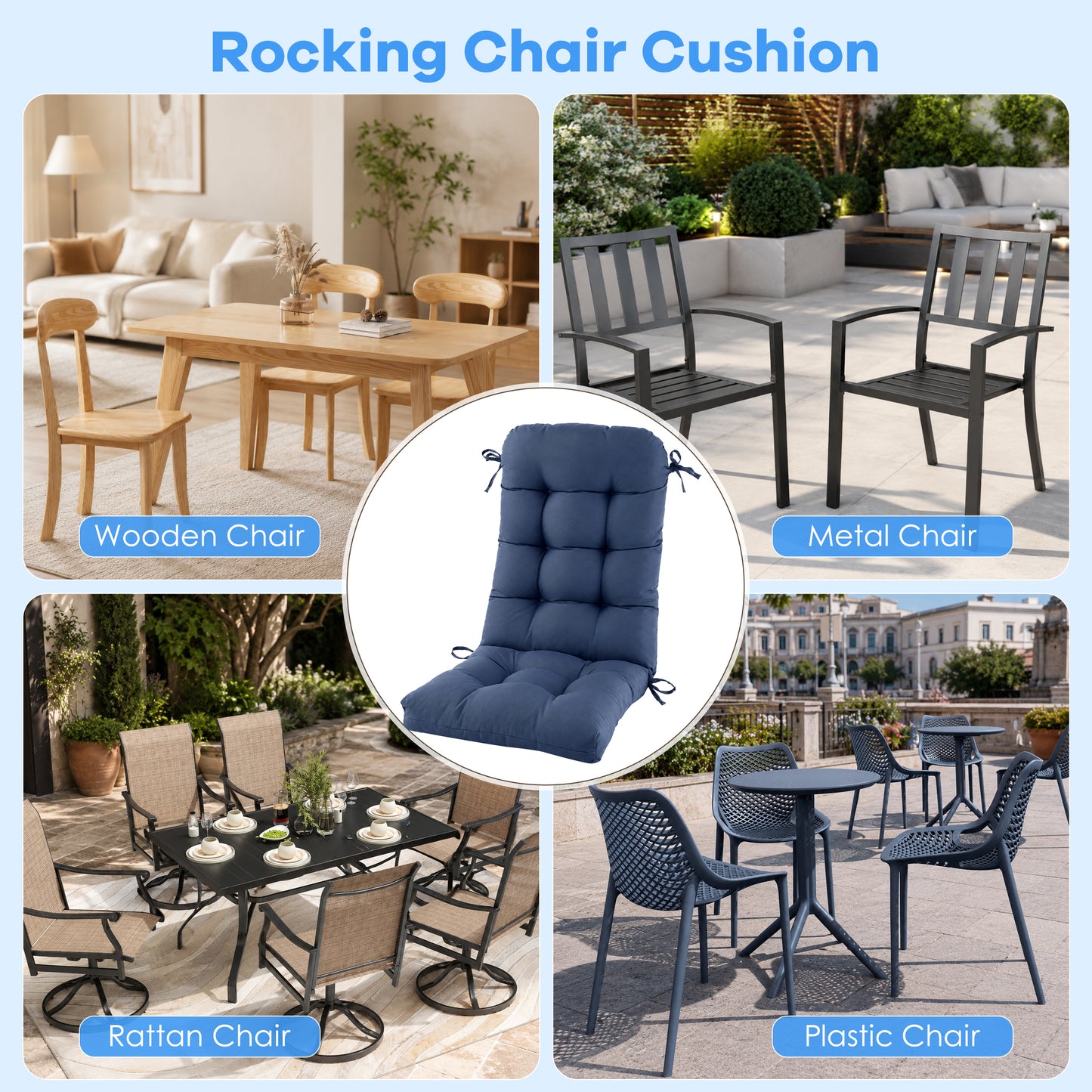 DONAMA Outdoor Rocking Chairs Cushions Waterproof Fade-Resistant Patio Chair Cushion, Indoor Seat Pads with Ties for Rocker Furniture Navy Blue