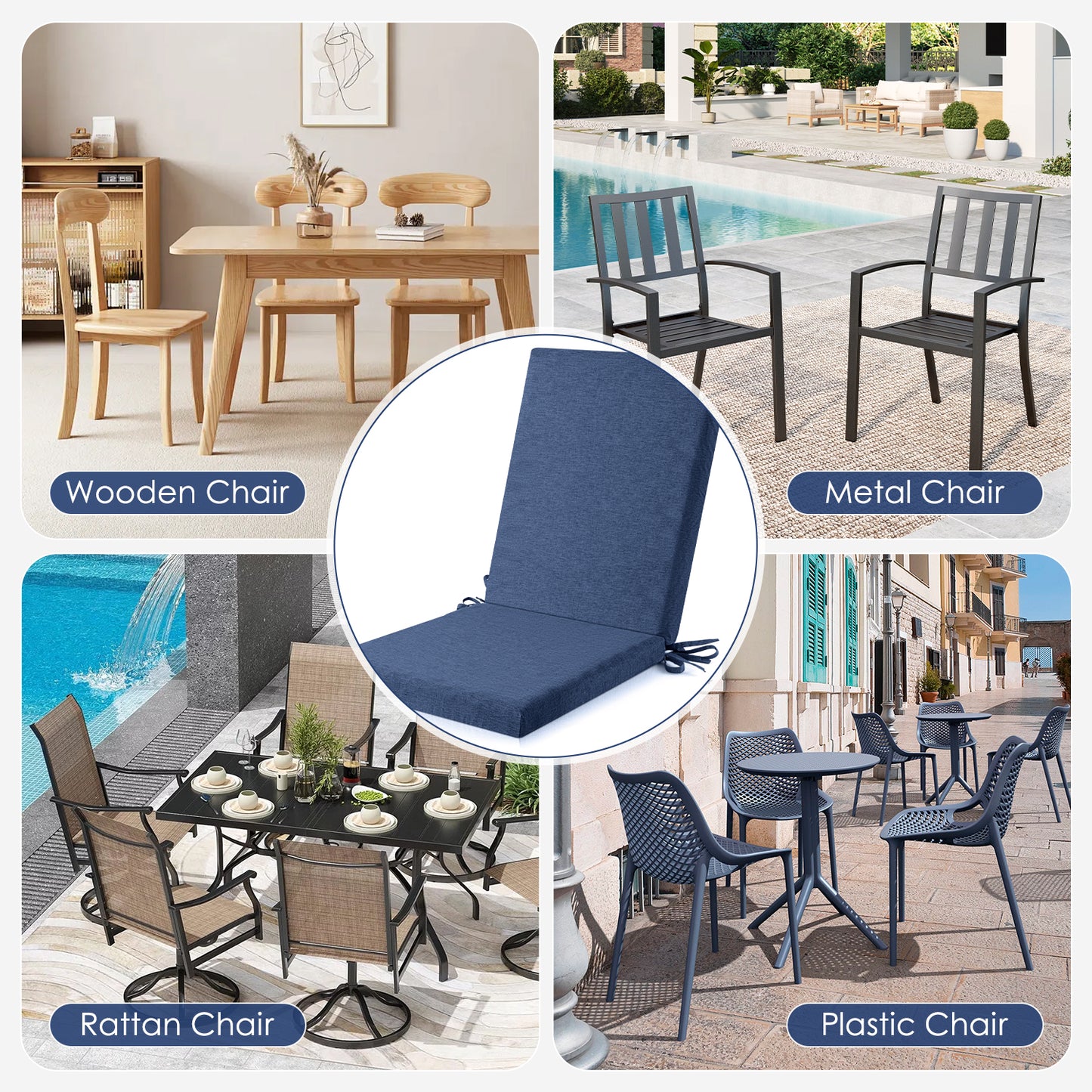 MOONORAH Outdoor Chair Cushions, 42"L x 18"W High Density Sponge with Zipped Waterproof Seat Cushion for Garden Sofa Midback Rocking Chair, Navy Blue