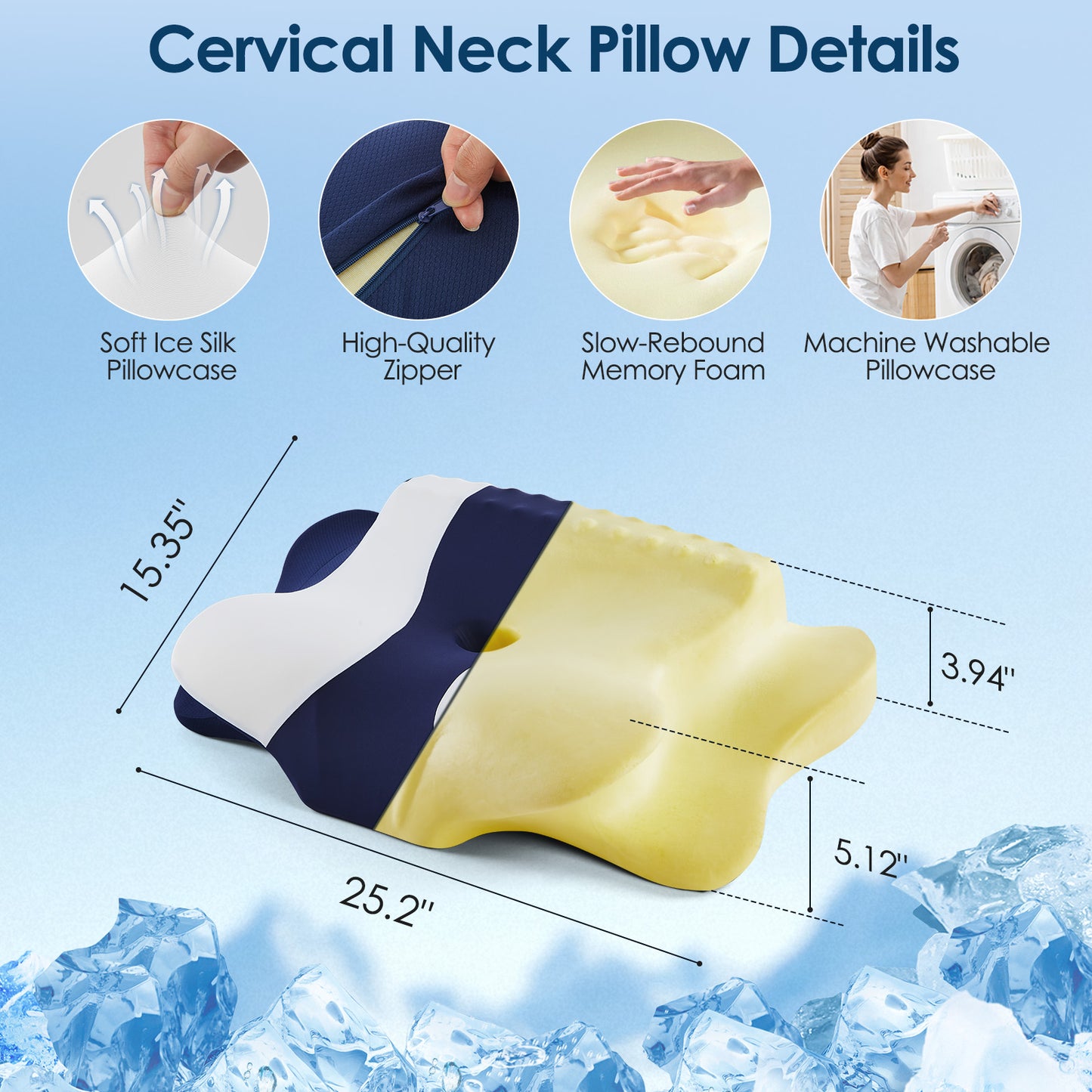 DONAMA Cervical Neck Pillow for Pain Relief Sleeping, Memory Foam Pillow Neck Pillow Bed Pillow with Pillowcase for Side Back and Stomach Sleepers, Blue and White