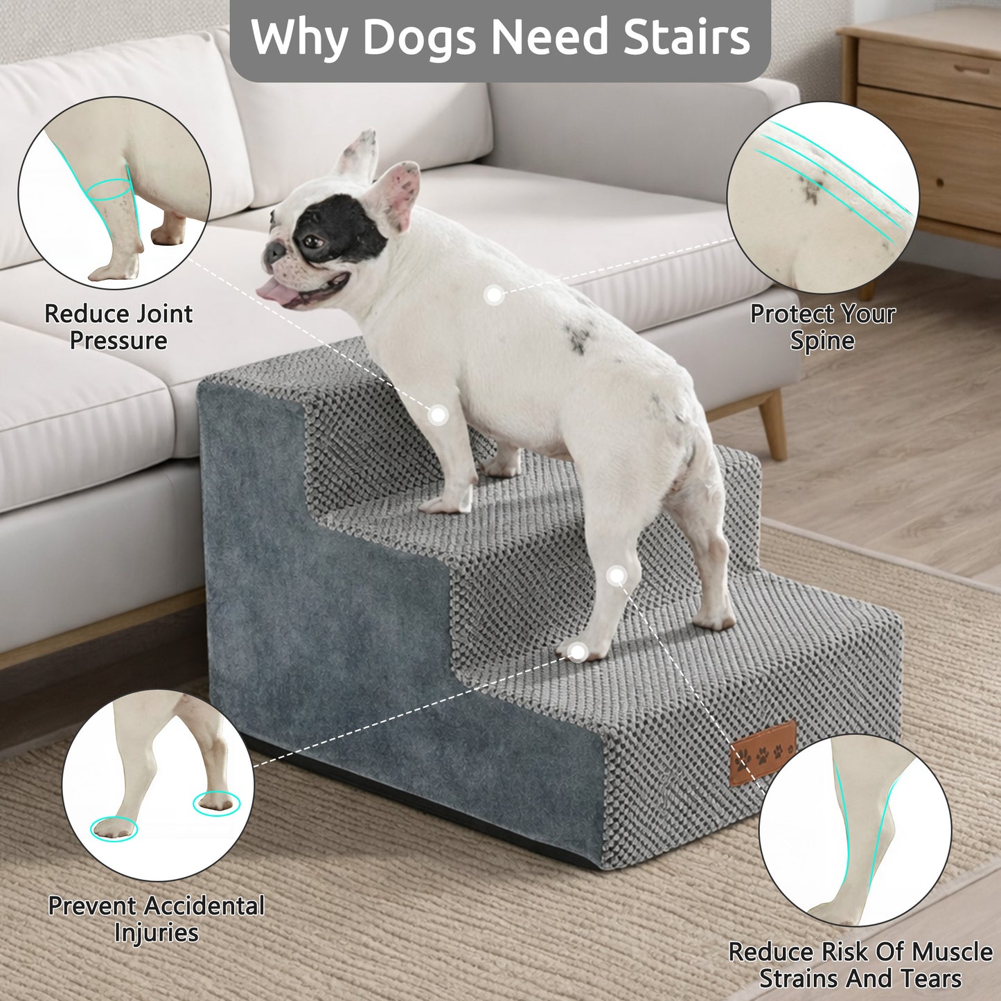 WANALIT Dog Stairs for Small Dogs, 13.8 Inch 3-Step Pet Steps for High Bed & Couch, Non-Slip Indoor Dog Stairs Ramp with High Density Foam & Washable Cover, Grey