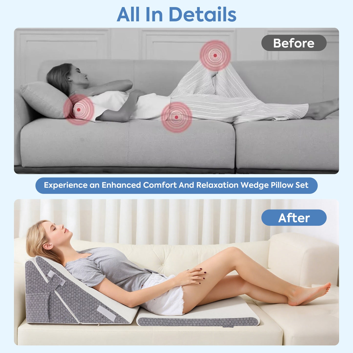 MOONORAH Bed Wedge Pillow with Head Pillow - Adjustable Highly Sponge Post-Surgery Pillow for Back, Leg & Knee Pain, Acid Reflux & Snoring Relief - Orthopedic Support for Sleeping, White