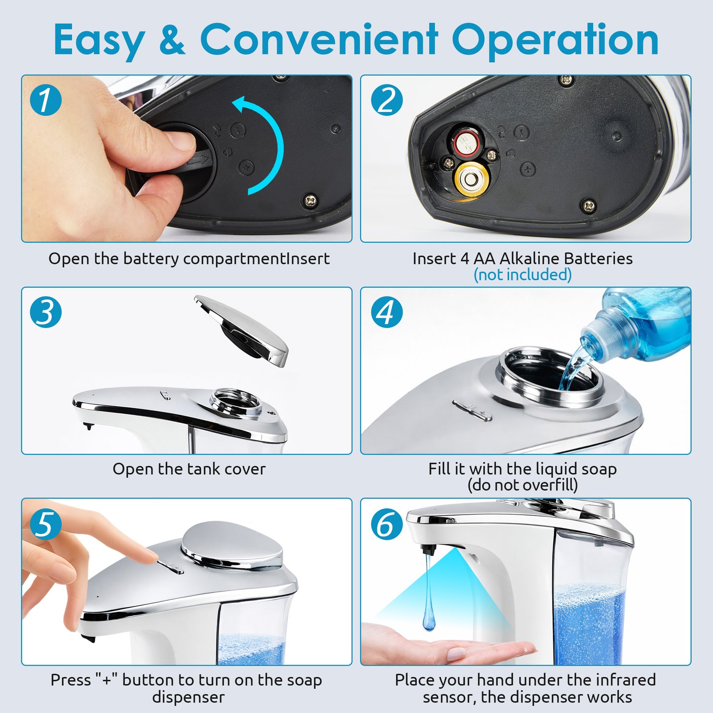 WANALIT Automatic Soap Dispenser Touchless, 17oz/500ml Dish Soap Dispenser with Infrared Sensor, 5 Adjustable Foam Levels, for Kitchen Bathroom Sink Countertop, Silver-White