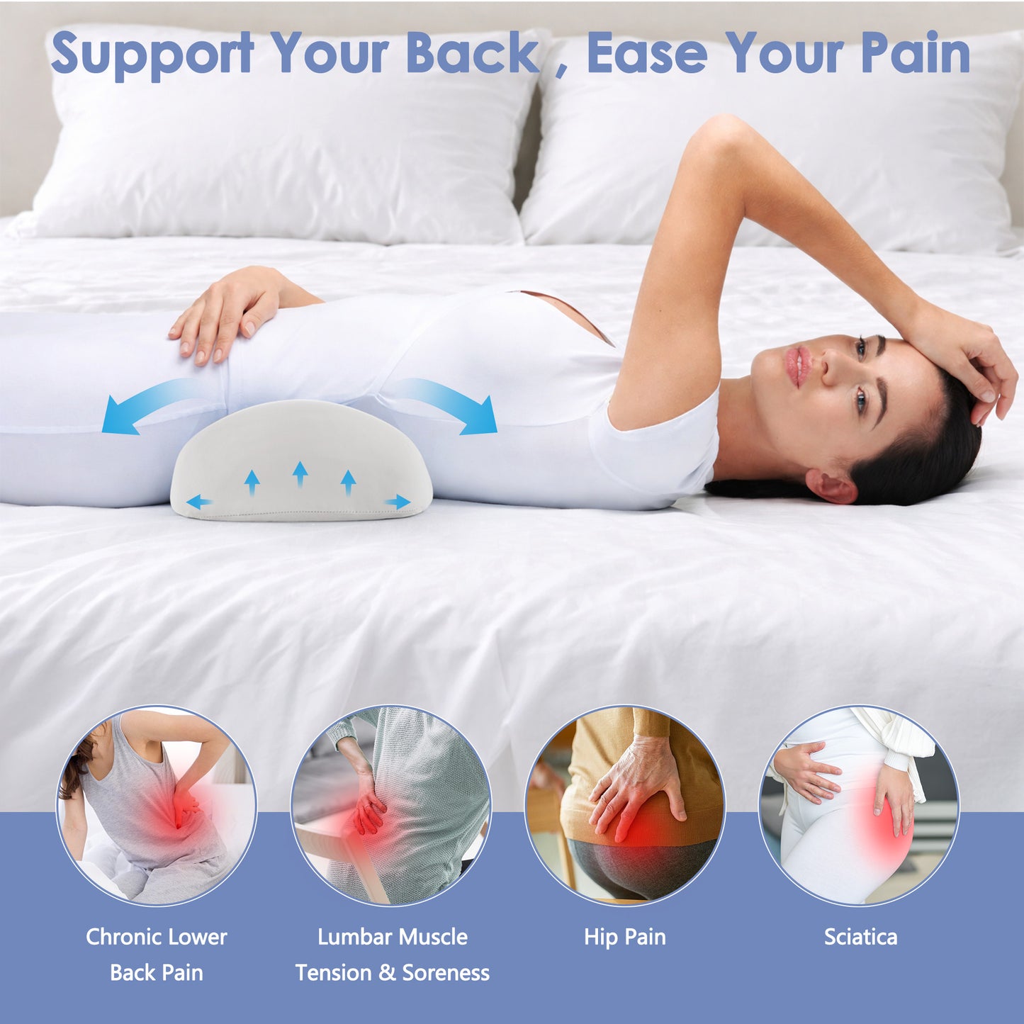 MOONORAH Lumbar Pillow for Sleeping, Memory Foam Waist Support Cushion for Lower Back Pain Relief, Bed & Side Sleeper Pillow for Waist Support, Orthopedic Contour Pillow - Light Grey