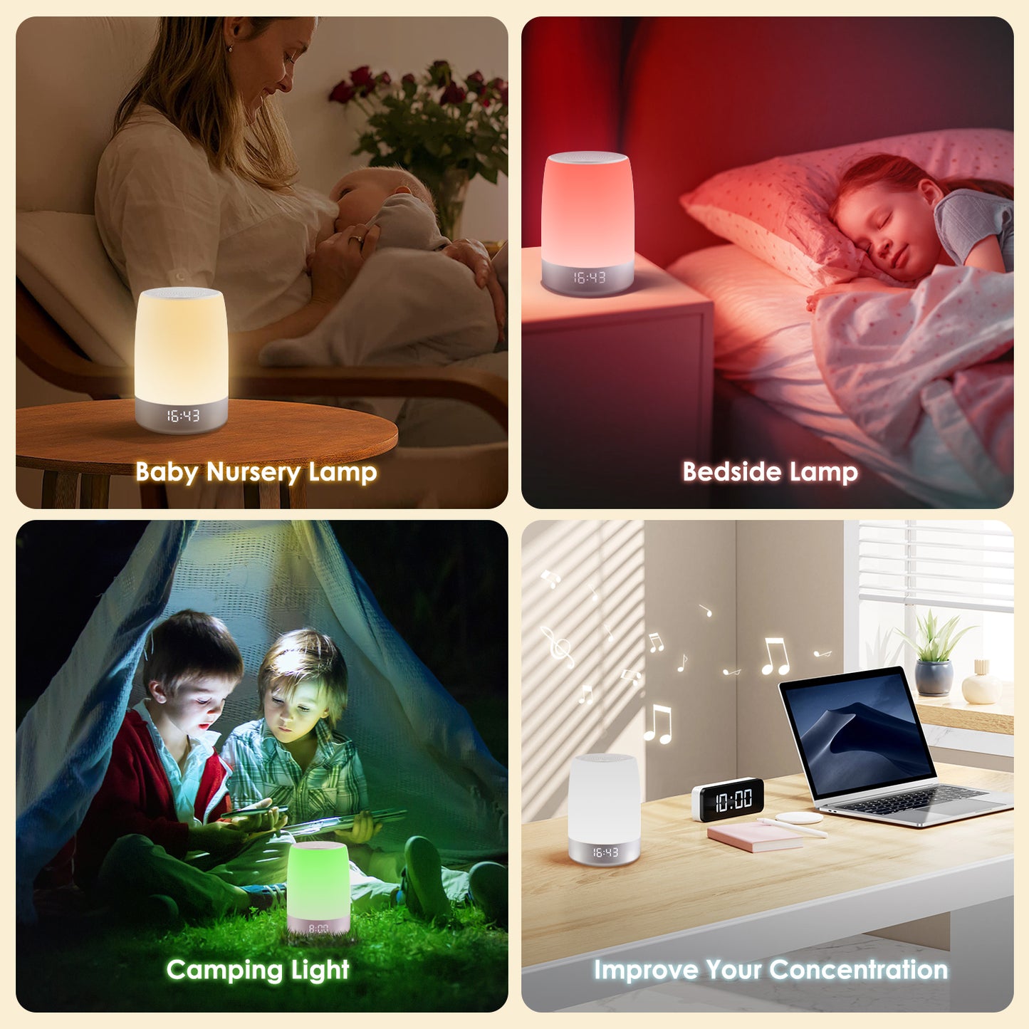LOFTER-PRO Night Light, Dimmable Touch Lamp for Bedroom, Portable Table Bedside Lamp with Alarm Clock, 8 RGB Colors Changeable & Stepless Dimming, 4 Timers, White