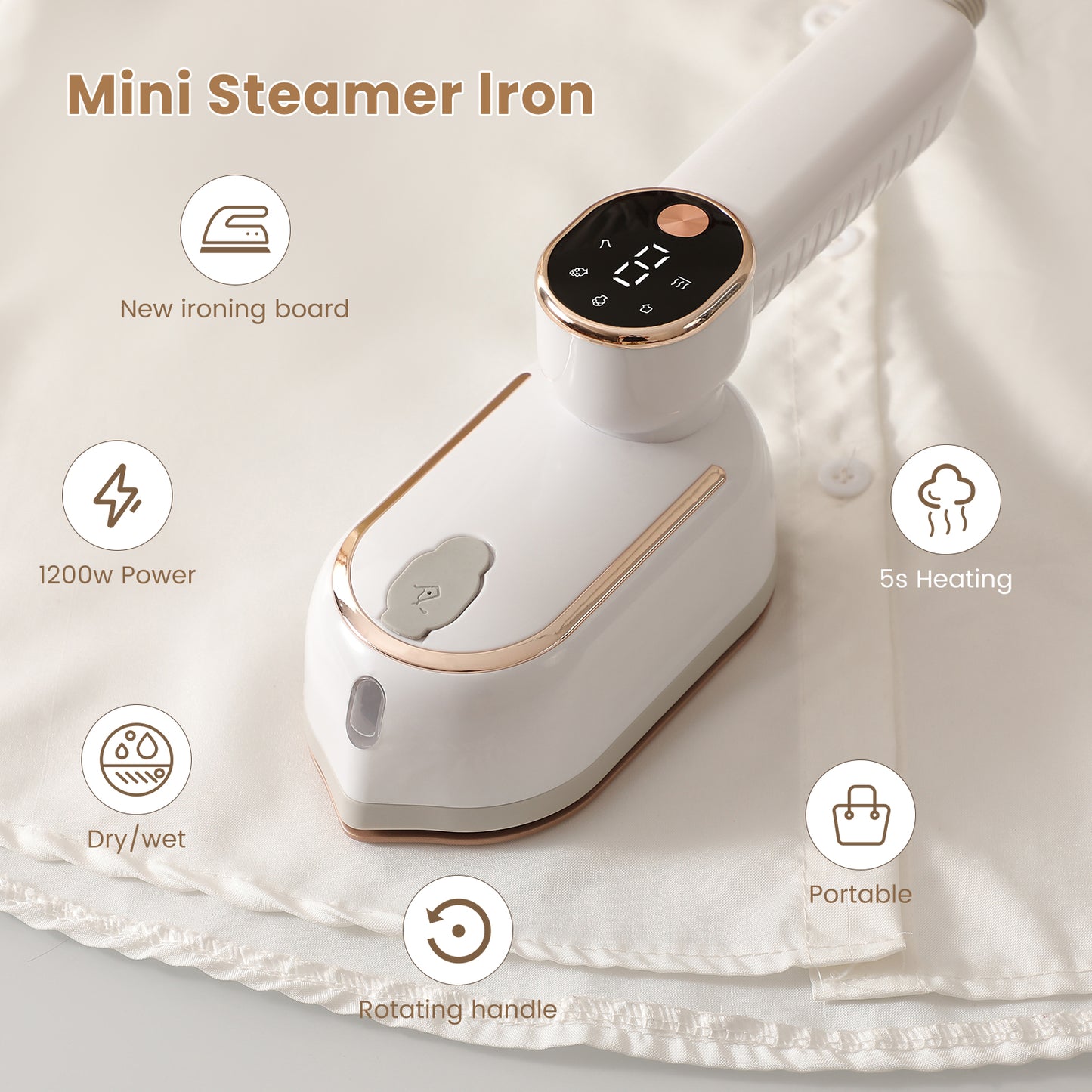 ZALFLEX Travel Steamer Iron for Clothes, 1400W Handheld Size Portable Travel Steamer, 3 Steam Levels Garment Steamers with LCD Screen, 15S Fast Heat-up Steamer for Dress Shirt Home Travel, White