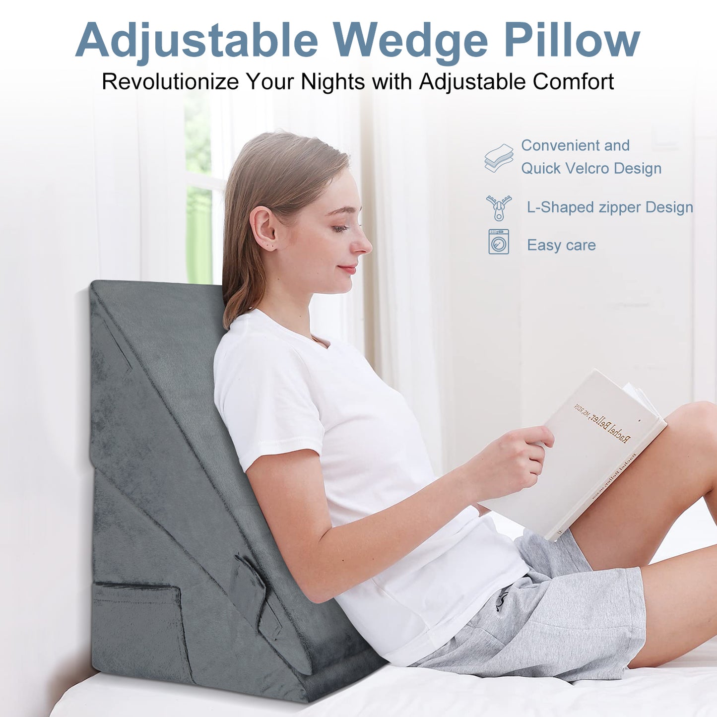 MOONORAH Wedge Pillow for Sleep Apnea, Adjustable Wedge Pillow Headboard, Bed Wedge Pillow for Acid Reflux and Back Pain Relief, Pillow Wedge for Sleeping with Neck Support Pillow, Flannel, Grey