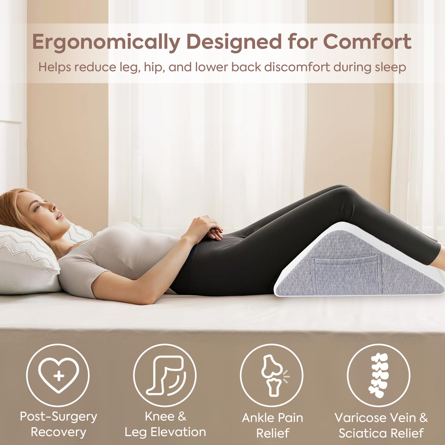MOONORAH Knee Wedge Pillow for Back Sleeping – Leg Elevation Cushion for Post Surgery Recovery, Hip, Knee & Tailbone Pain Relief, Triangle Bolster Support Pillow, White