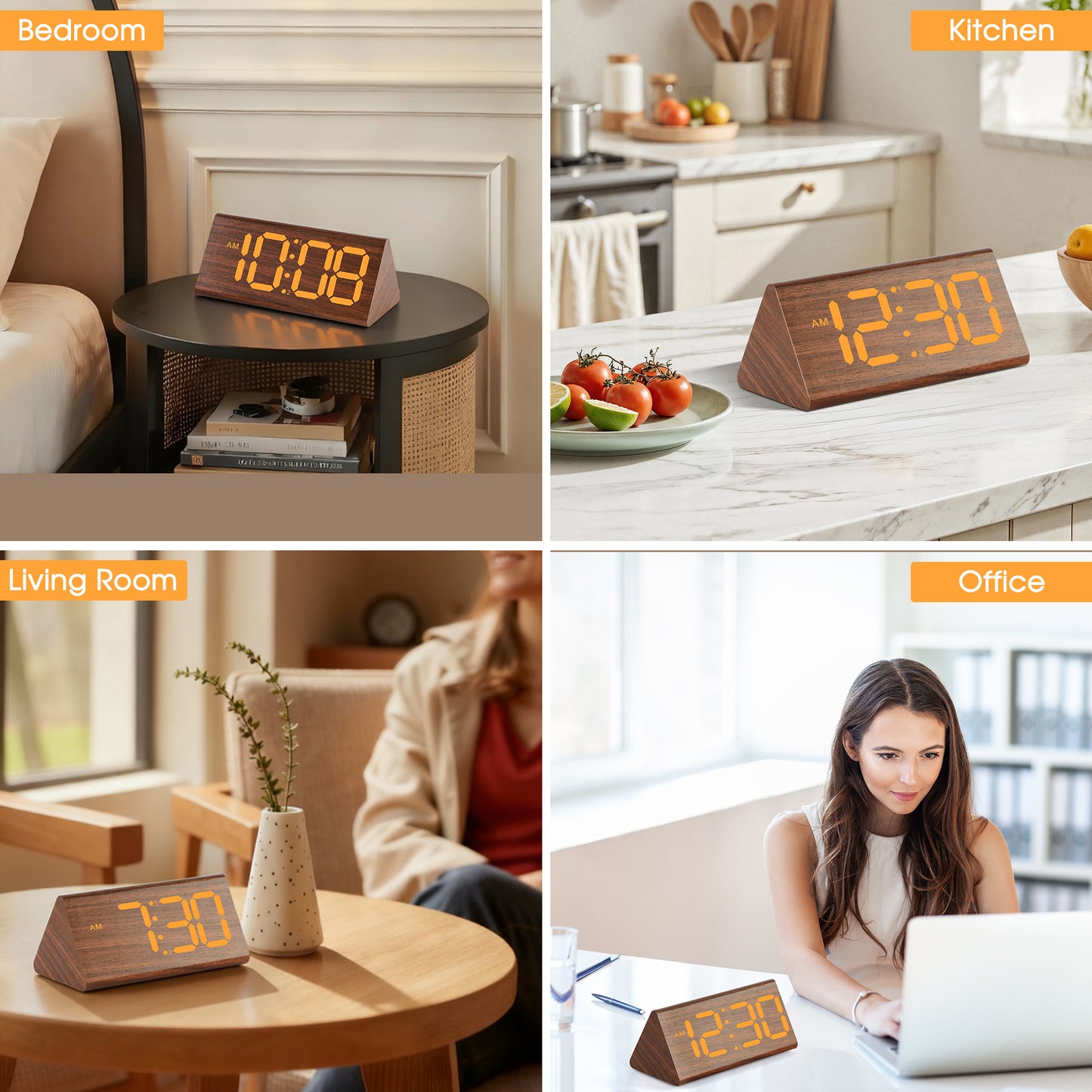Onekawa Alarm Clock for Bedroom, Wooden Digital Alarm Clocks with Large Big Numbers,Super Loud Alarm Clocks for Heavy Sleepers with USB Charging Port