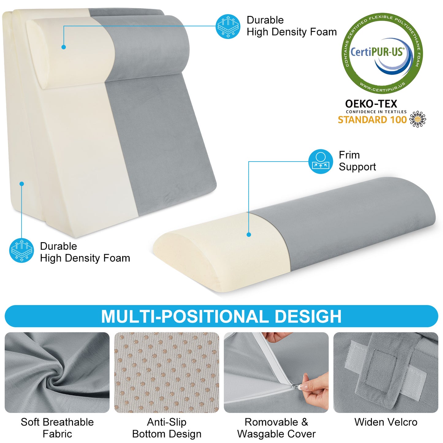 MOONORAH Wedge Pillow for Sleep Apnea, Adjustable Wedge Pillow Headboard, Bed Wedge Pillow for Back, Neck, Leg Pain Relief, Pillow Wedge for Sleeping, Acid Reflux with Neck Support Pillow, Grey