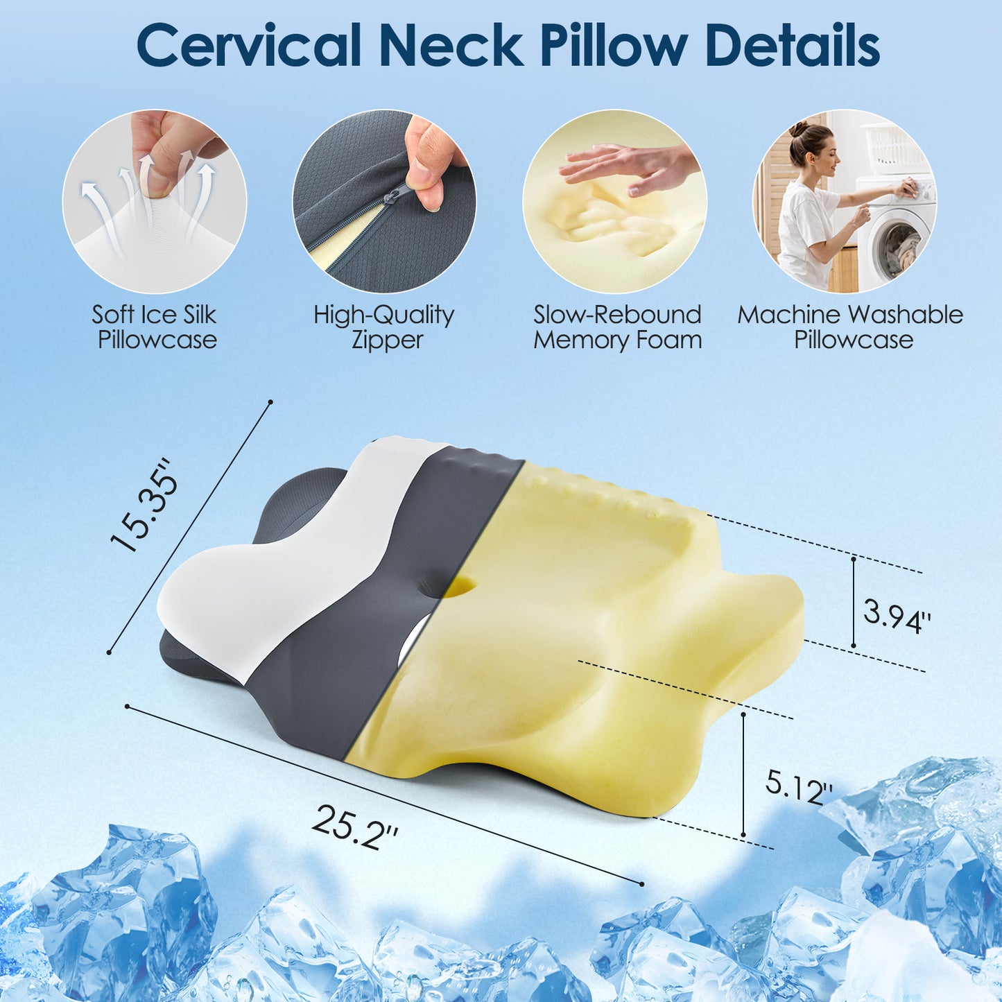 DONAMA Cervical Neck Pillow for Pain Relief Sleeping, Memory Foam Pillow Neck Pillow Bed Pillow with Pillowcase for Side Back and Stomach Sleepers, Gray and White