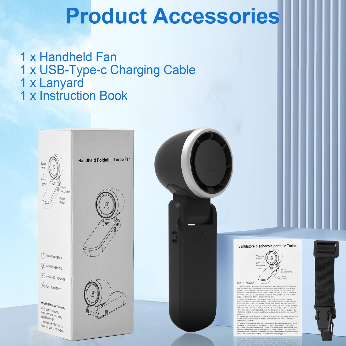 LOFTER-PRO Portable Handheld Fan, Handheld Mini Fan, 3 In 1 Small Pocket Fan with 5000mAh, 100 Speed Wind, 180° Adjustable, USB Rechargeable Foldable Fan, for Travel Outdoor Home Office, Black