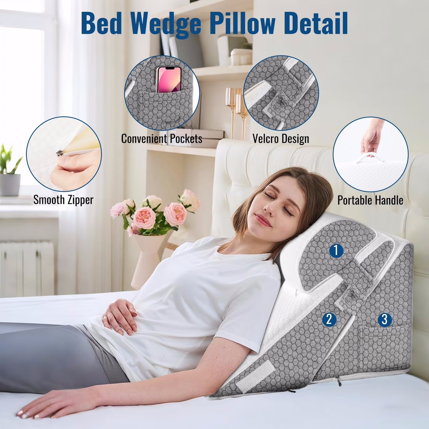 Lafaytte Wedge Pillow for Sleep Apnea, Adjustable Bed Headboard Support Cushion, Orthopedic Memory Foam Wedge Pillow for Acid Reflux, Back Pain, Neck Relief,Elevated Sleeping Pillow with Neck Support