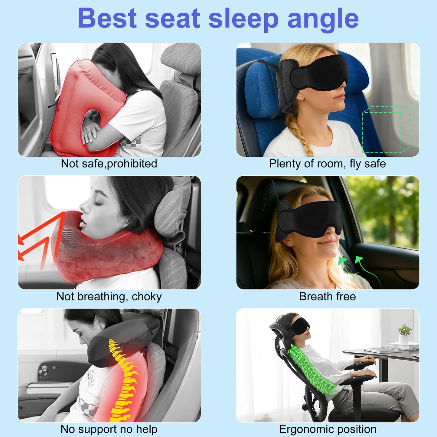 DONAMA Travel Pillow for Airplane, Neck Pillow with 3D Eye Mask & Head Support Strap - 360° Ergonomic Support for Airplanes, Flights, Car Travel -Stop Shaking Your Head ,Black