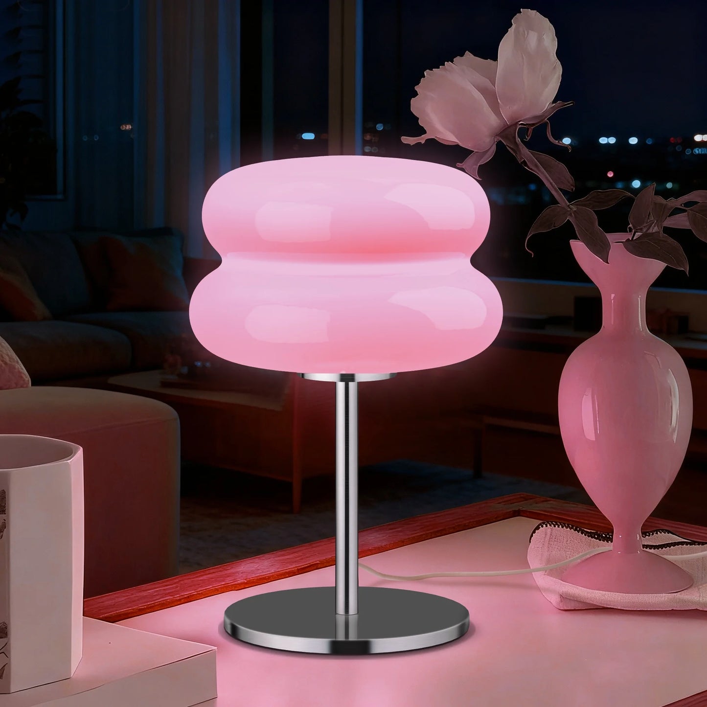 LAFAYTTE Mushroom Lamp for Bedroom,Mid Century Modern Lamp for Nightstand, Dimmable Retro Egg Tart Bedside Small Lamps,Unique Home Mushroom Decor Aesthetic Cute Table Lamps for Living Room,Pink
