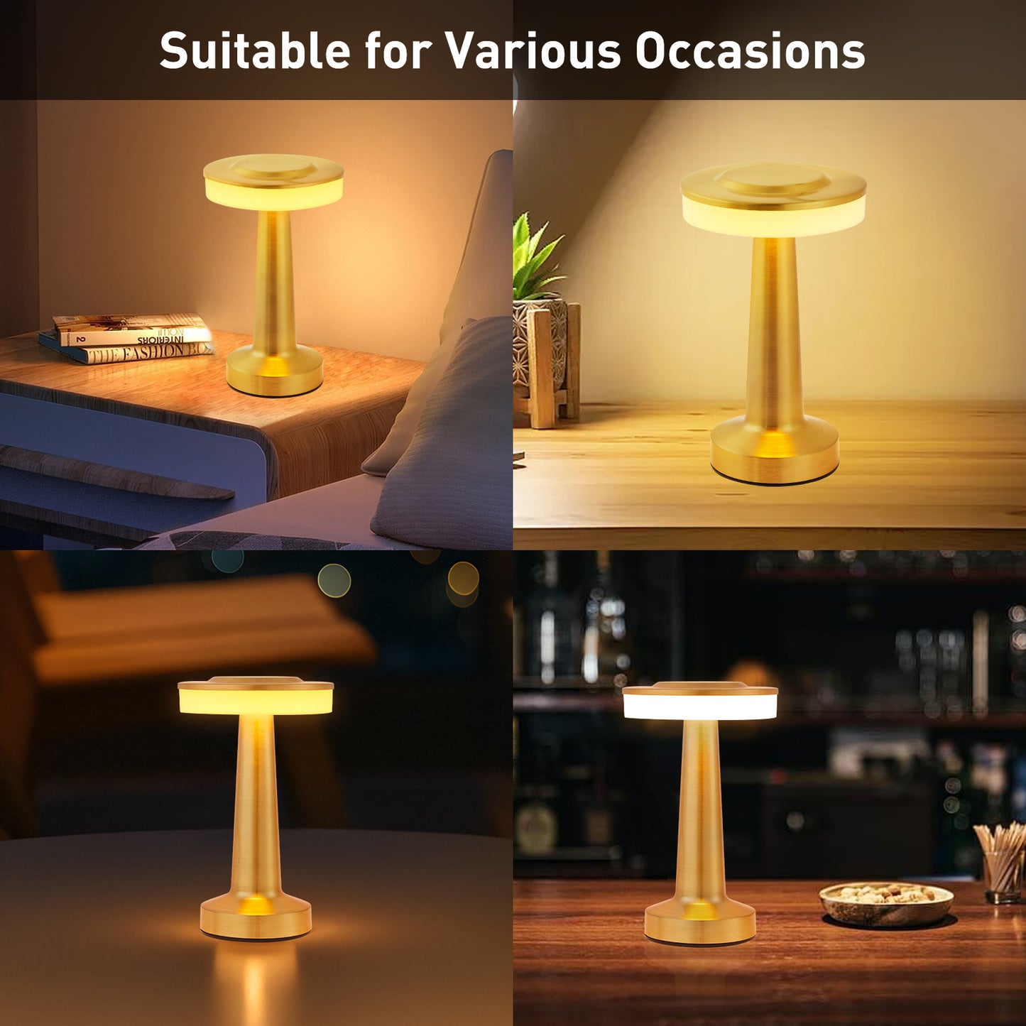 KAIPARA Portable Cordless Table Lamp with Touch Sensor, 3-Levels Brightness, Rechargeable Battery Up to 48 Hours Usage, Night Light for Kids Nursery, Nightstand Lamp, Bedside Lamp (Gold)