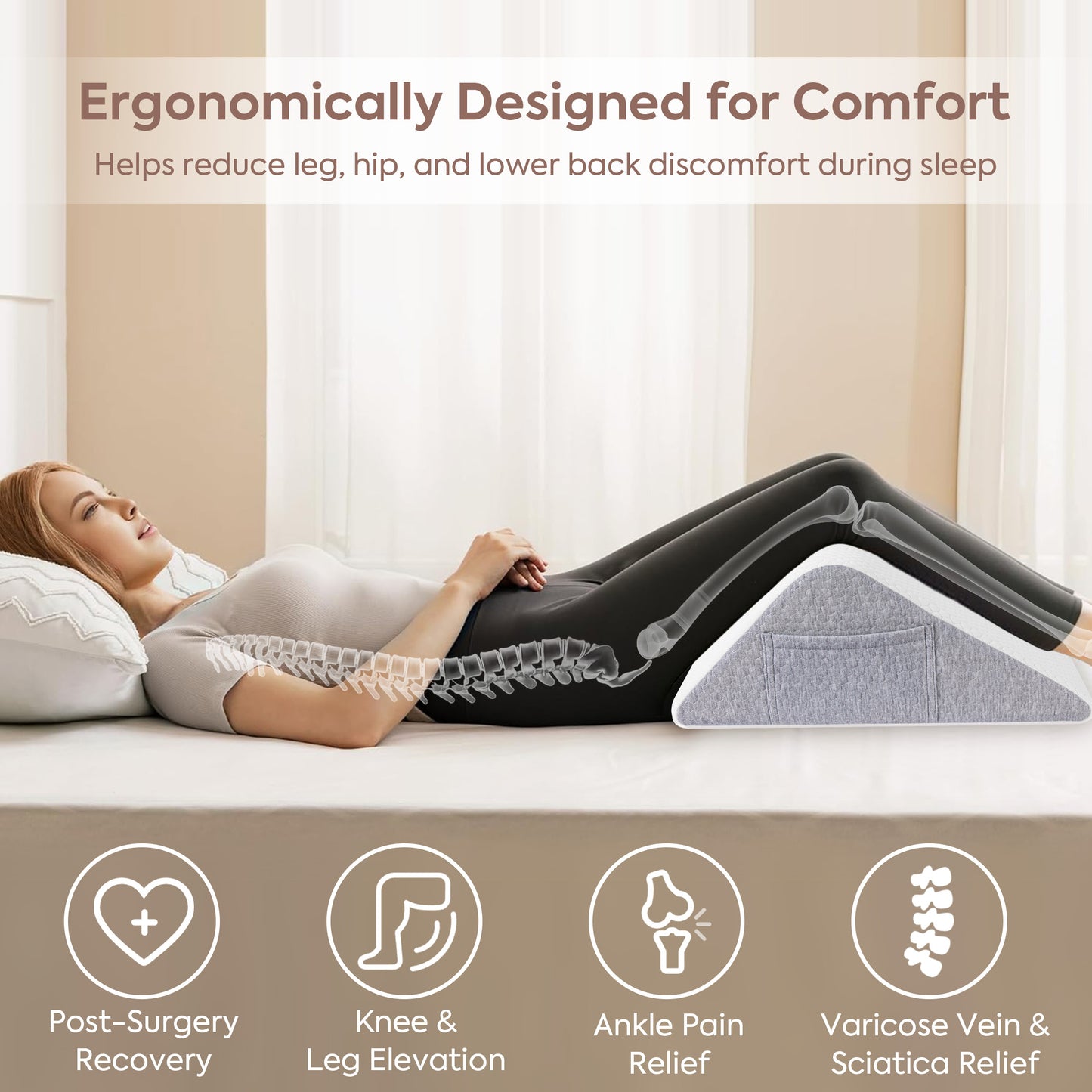 WANALIT Knee Wedge Pillow for Back Sleepers, Triangle Leg Elevation Cushion for Hip, Knee & Tailbone Pain Relief, Post-Surgery Support Pillow – White
