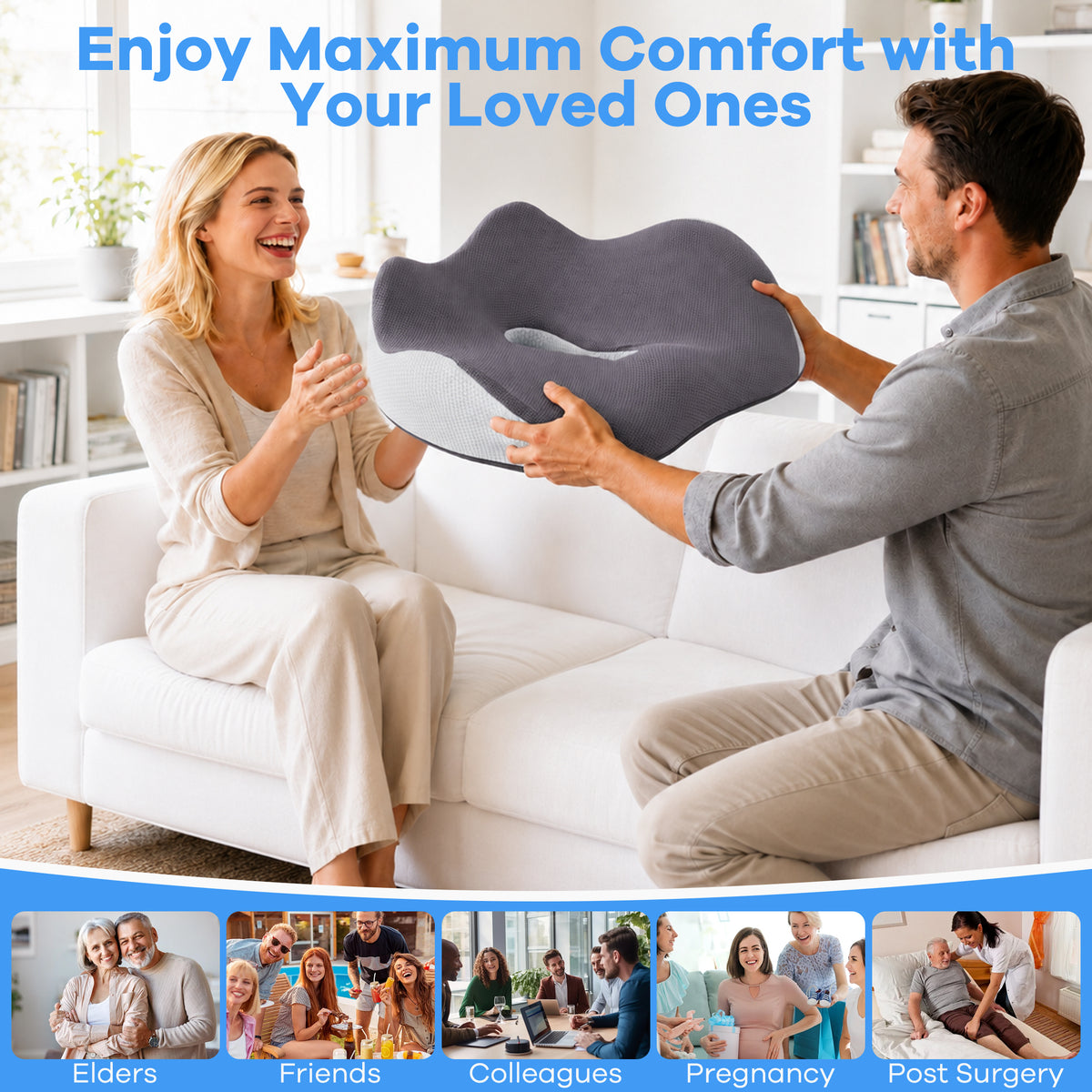 WANALIT Seat Cushion - Ergonomic Memory Foam for Sciatica and Tailbone Relief - Gray