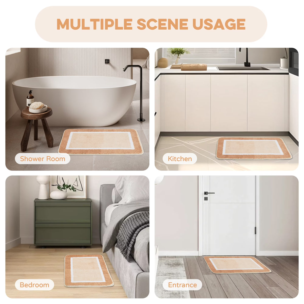 Onekawa Bath Mat - Soft Absorbent Microfiber, Non Slip - 16" x 24", Brown