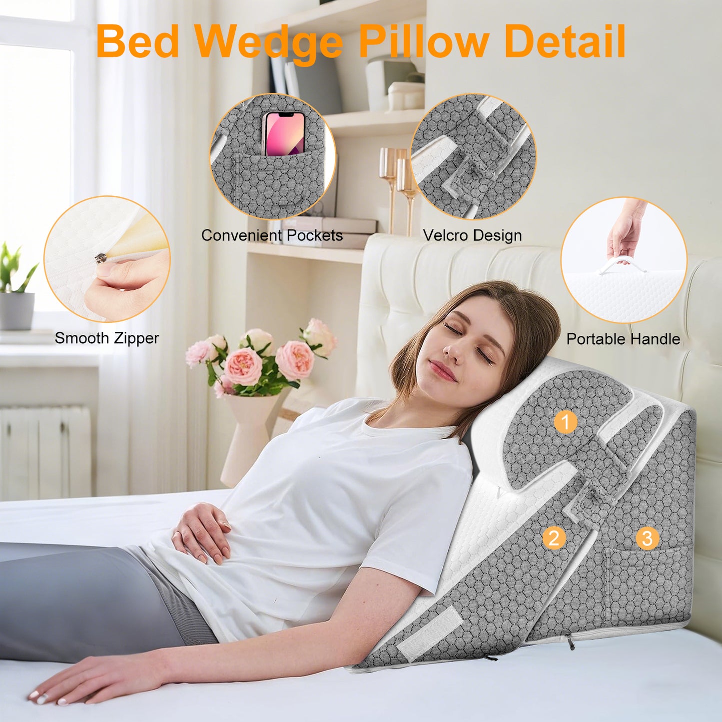 Kaibinsi Wedge Pillow for Sleep Apnea, Adjustable Wedge Pillow Headboard, Bed Wedge Pillow for Acid Reflux and Back Pain Relief, Pillow Wedge for Sleeping with Neck Support Pillow, White & Grey
