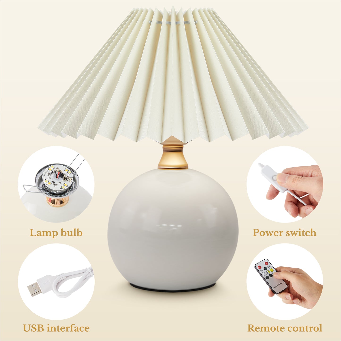 LOFTER-PRO Modern Ceramic Table Lamp for Living Room, Desk Lamps for Bedroom Pleated Fabric Bedside Nightstand Bedside Lamp Table Lamps, Beige