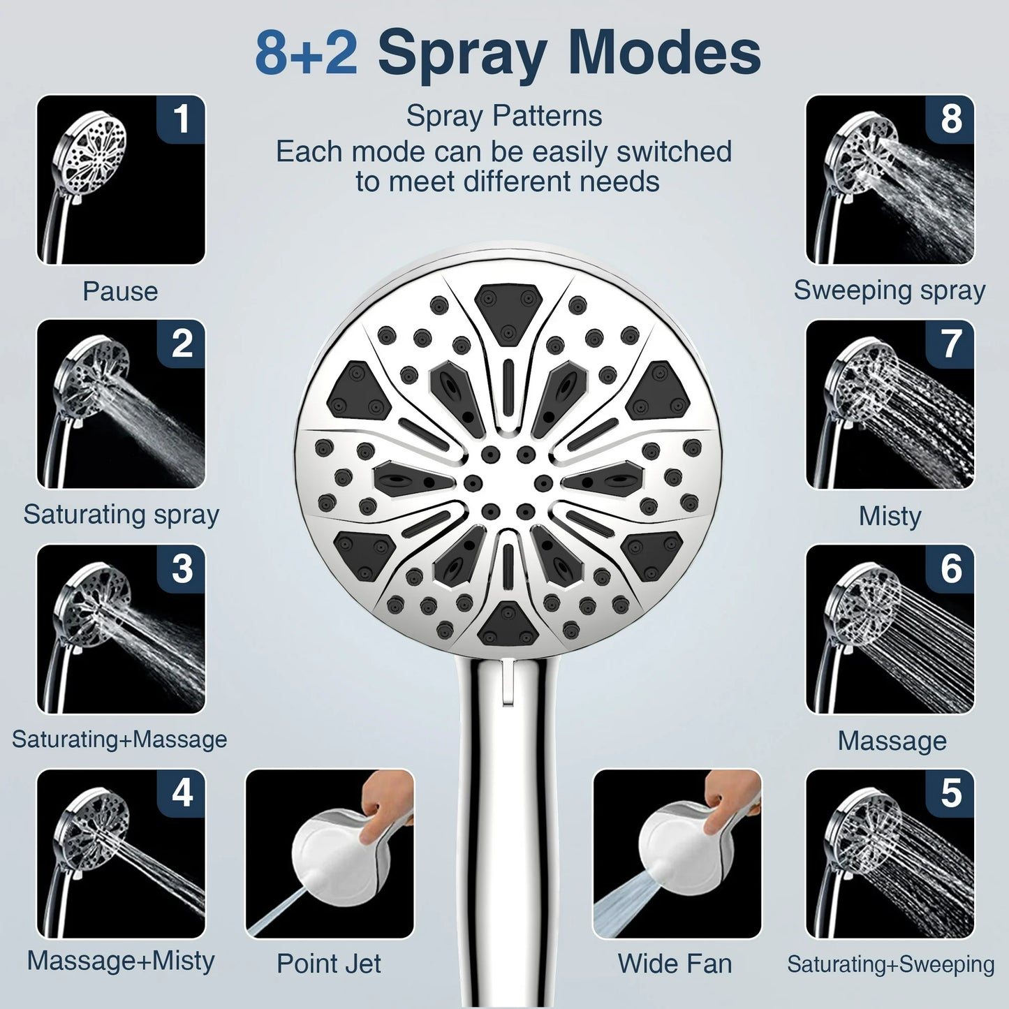 MOONORAH Shower Head, High Pressure Shower Head with 10 Spray Settings, Filtered Shower Head with 59" Stainless Steel Hose and Shower Stand, Drill-Free Design, Silver