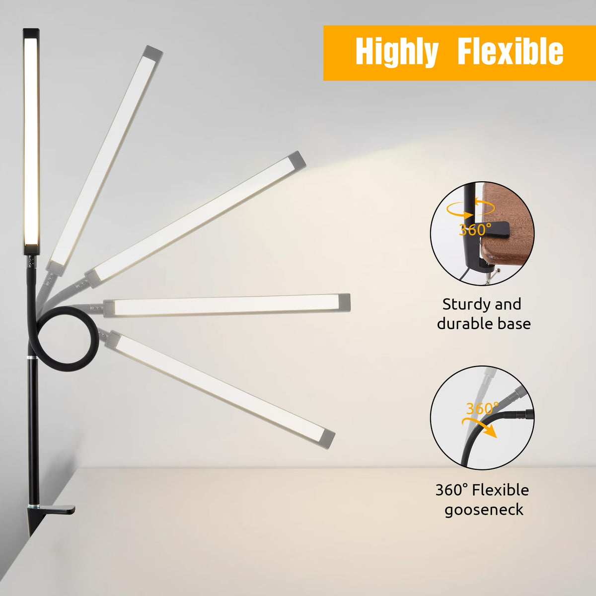 Onekawa LED Clip-On Desk Lamp - Adjustable Gooseneck, Touch Sensor - Black