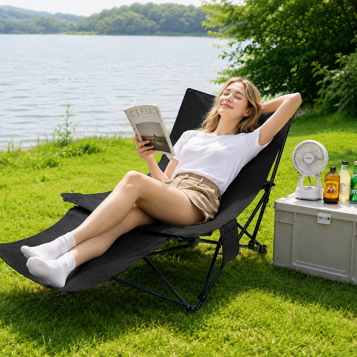 MOONORAH Portable Folding Beach Chair - 4 Position Reclining with Footrest - Black