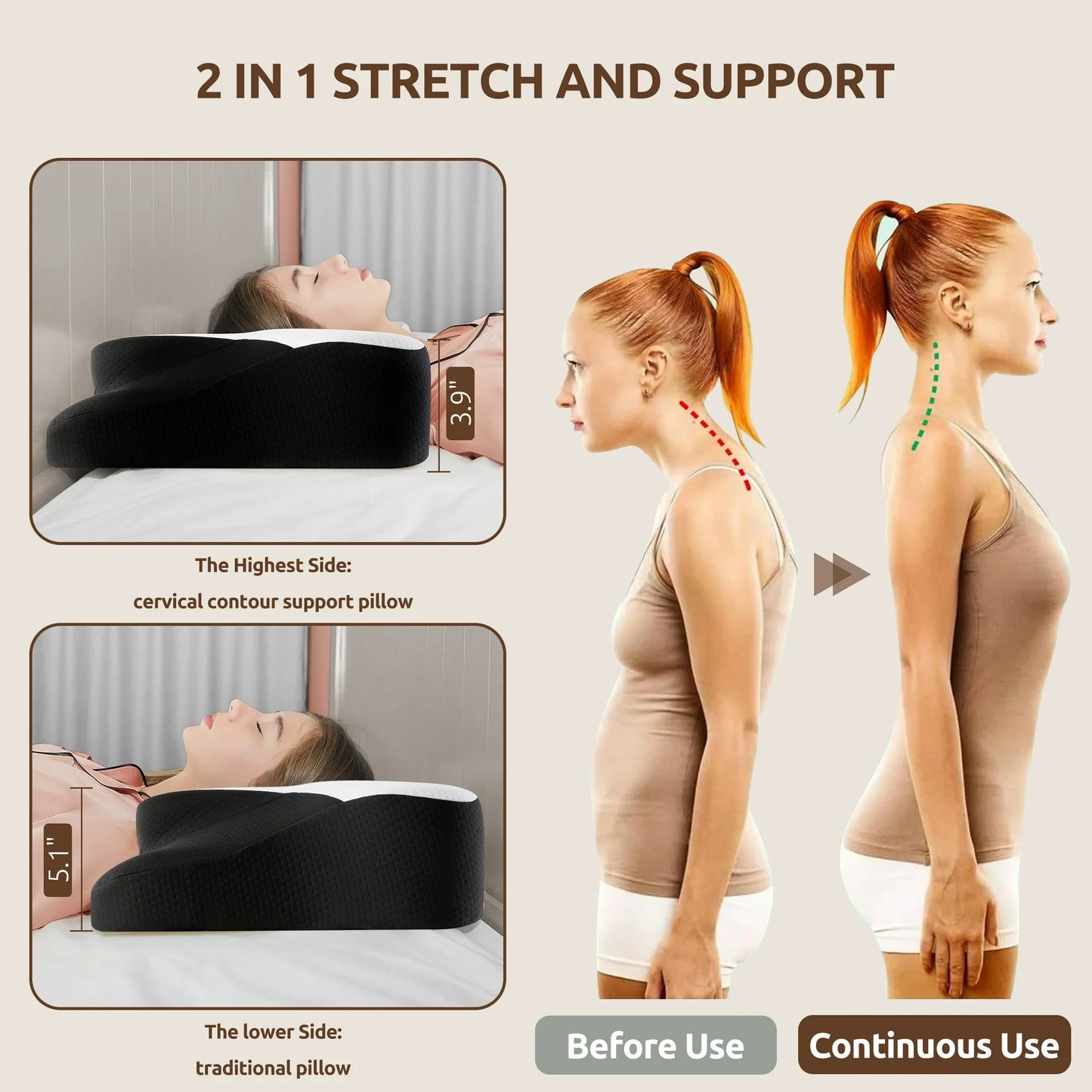 MOONORAH Cervical Pillow for Sleeping Neck Pain Relief with Pillowcase Standard/Queen Blue+Black
