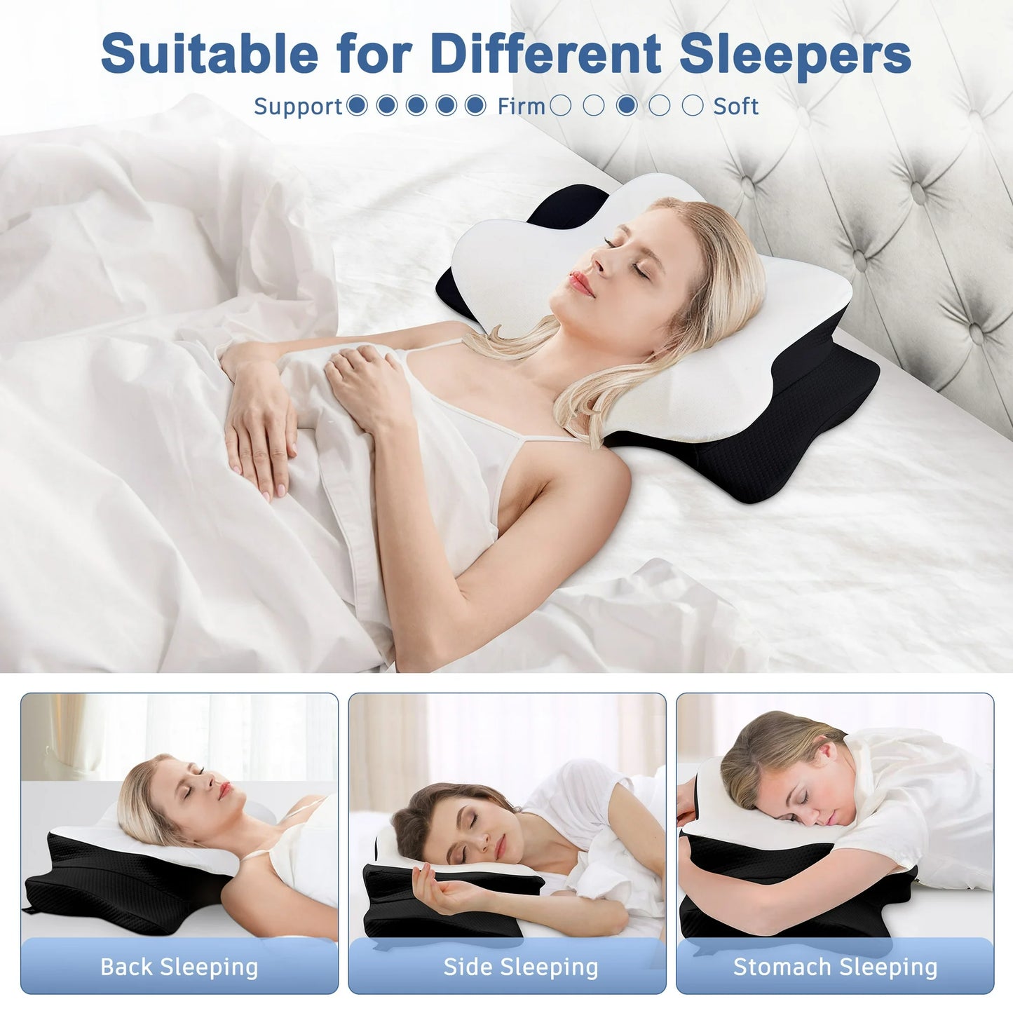 DONAMA Orthopedic Pillow for Neck Pain Relief,Cervical Travel Pillow,Contour Memory Foam Pillow,Ergonomic Pillows for Side Back&Stomach Sleepers with Breathable Pillowcase,Standard,Black