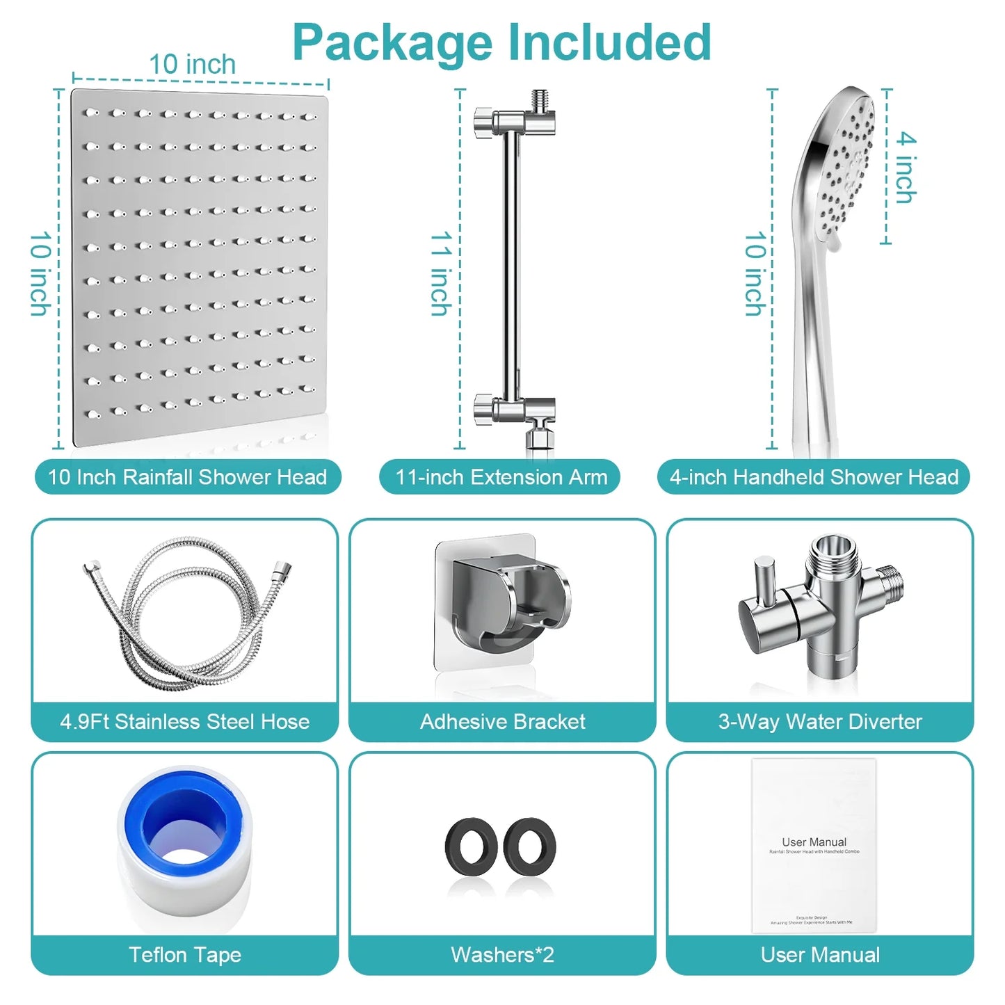 MOONORAH 10 Inch High Pressure Rain Shower Head Combo with Adjustable Extension Arm, Wide Rainfall & 5 Spray Handheld Showerhead, Dual Anti-Clog Nozzles for Ultimate Shower Experience, Silver