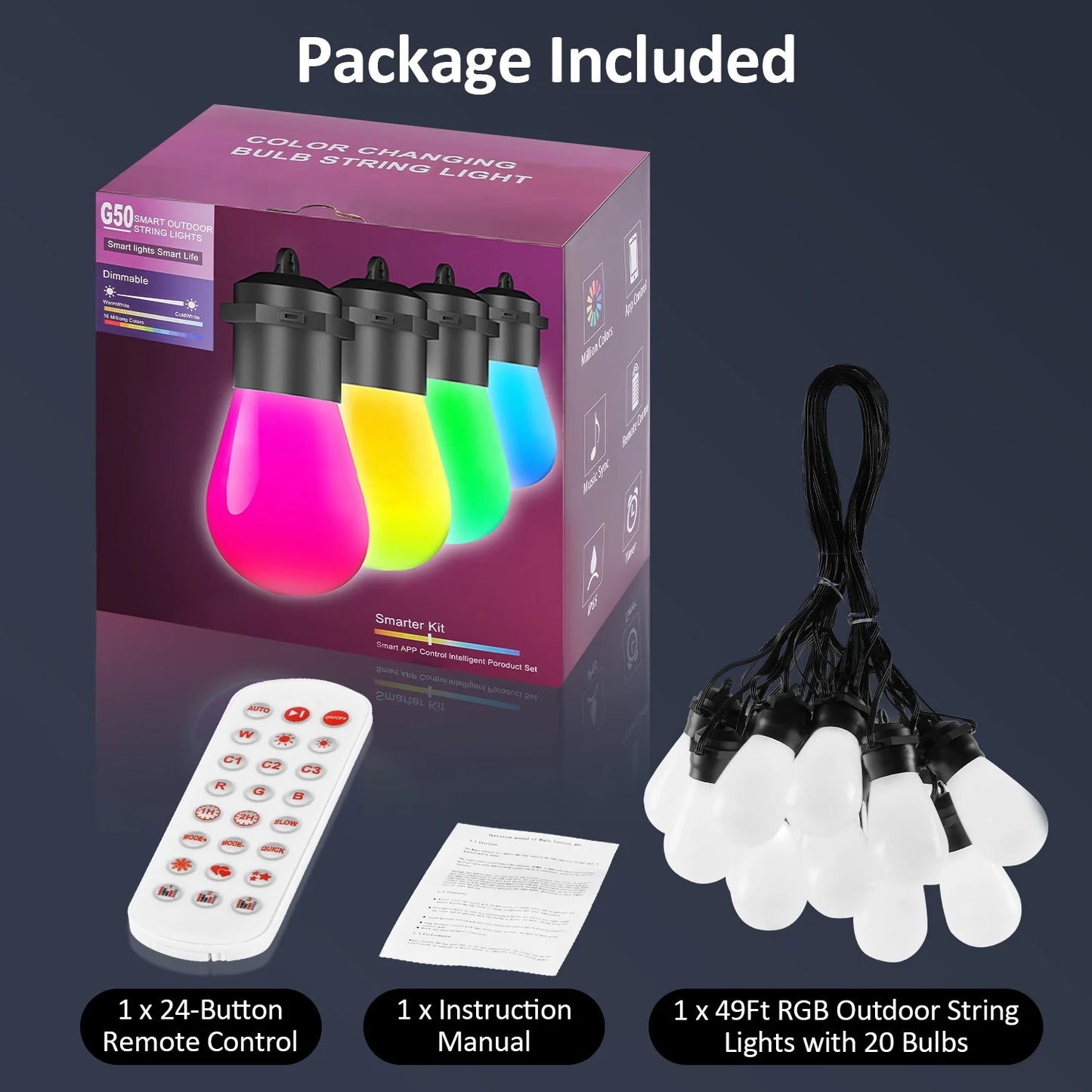 LOFTER-PRO Outdoor String Lights, LED Lights for Bedroom, 39Ft 20 Bulbs Smart Dimmable RGB String Lights Fairy Lights Christmas Lights for Halloween Decorations, Patio Lights, APP Control, Waterproof