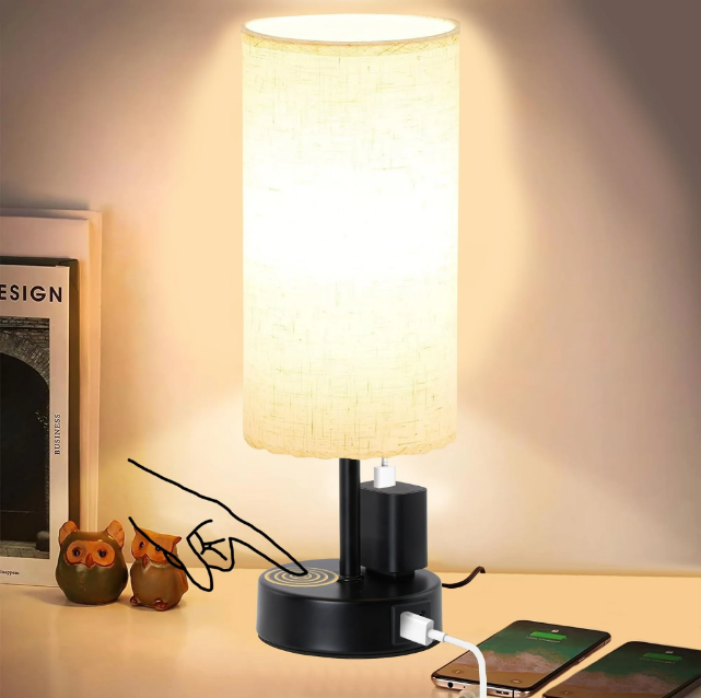 LOFTER-Pro Bedside Table Lamp for bedroom, 3 Way Dimmable Touch Lamp with USB Port and AC Outlet, Small Desk Lamp for Night Stands, Living Room, Office