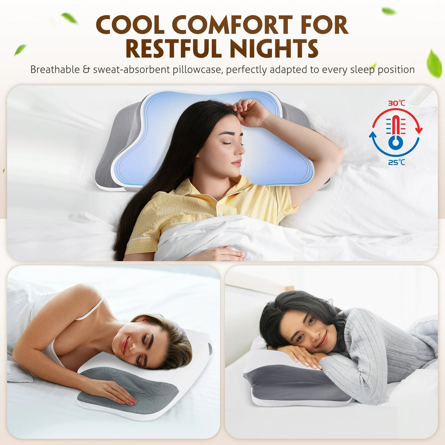 MOONORAH Cervical Memory Foam Pillows for Bed Orthopedic Contour Neck Pillow for Pain Relief Sleeping with Cooling Pillow Covers Gray Standard 24"×13"×4.7"