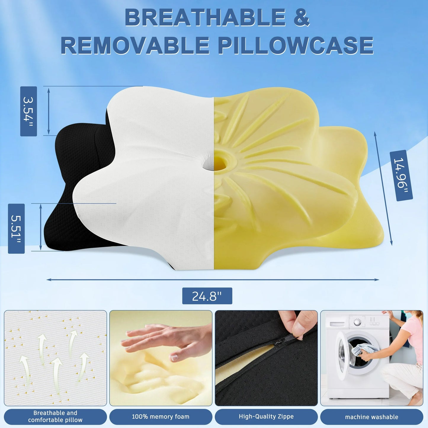 DONAMA Orthopedic Pillow for Neck Pain Relief,Cervical Travel Pillow,Contour Memory Foam Pillow,Ergonomic Pillows for Side Back&Stomach Sleepers with Breathable Pillowcase,Standard,Black