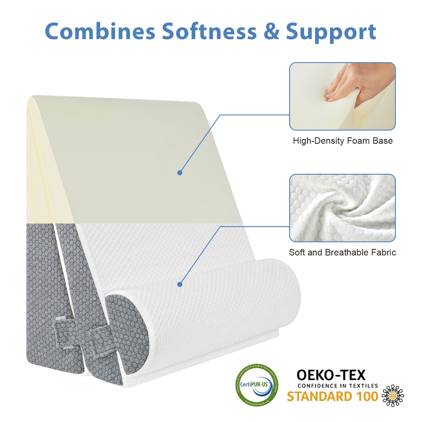 KAIPARA Cooling Wedge Pillow Set, 3-Piece Adjustable Memory Foam Bed Wedge Pillow for Sleeping - Acid Reflux, Snoring, Neck Pain and Back Pain, White and Grey