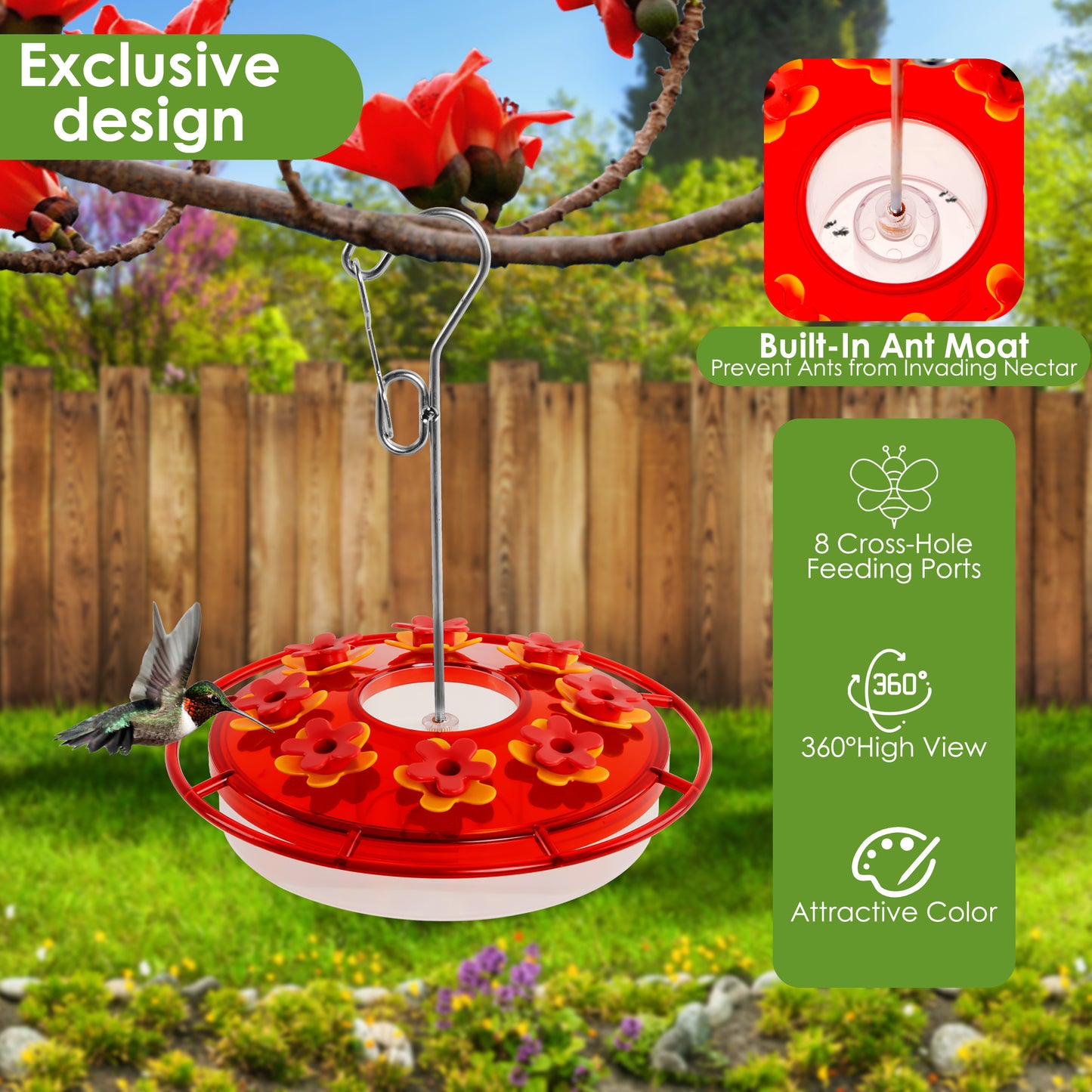 OTDLIGHT Hummingbird Feeders-Plastic Bird Feeder for Outdoors Hanging, 8 Feeding Ports &15 OZ Humming Birds Feeder,Built-in Water Flow to Prevent Ants and Bees for Garden Decor-Red