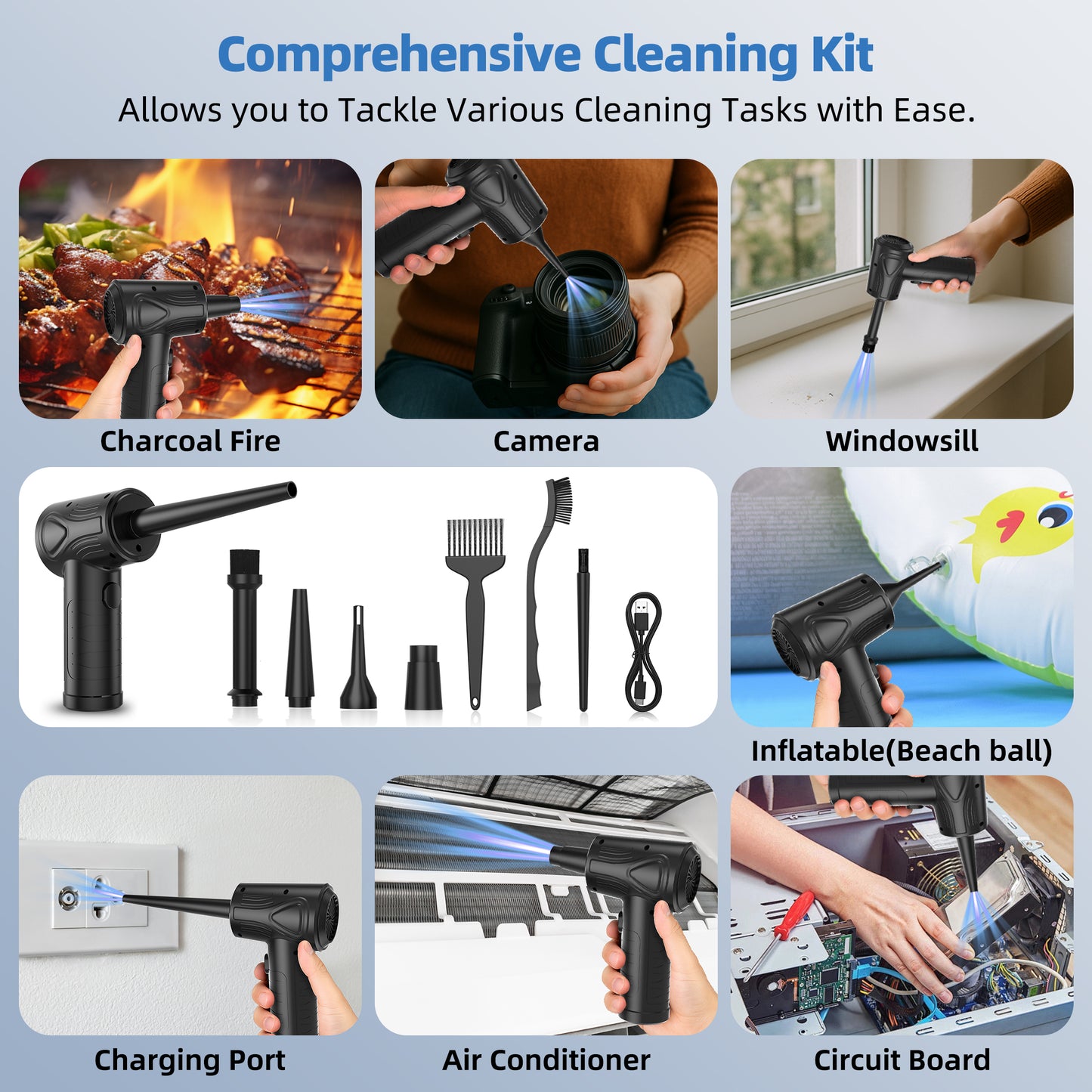 KAIPARA Electric Air Duster 51000RPM - Cordless Rechargeable Air Blower with 6000mAh Battery, 3-Speed Adjustable, LED Light for Keyboard, Car, Electronics - Replaceable Inflatable Nozzle-Black