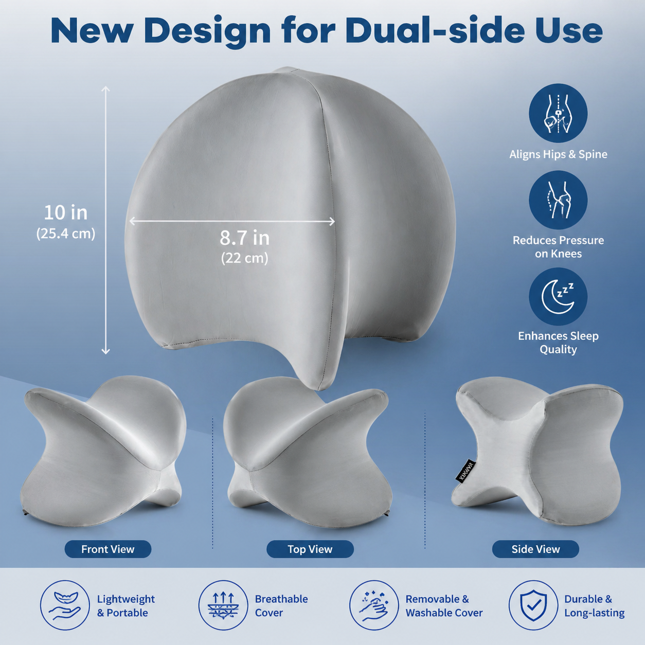 KAIPARA Knee Pillow for Side Sleepers, Contour Heart-Shape Memory Foam Cushion for Hip & Back Pain Relief, Ice Silk & Washable Cover, Gray