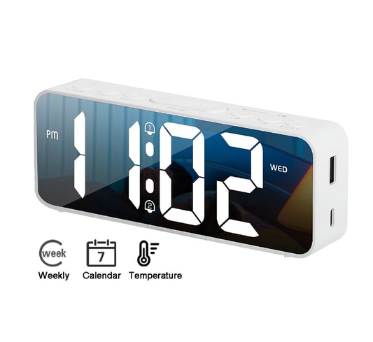 Onekawa 6.5" Digital Alarm Clock for Bederoom,Dimmer Desk Clock with Weekday Calendar & Temperature,Large Numbers LED Display,Adjustable Dual Alarm Volumes,12/24H, Snooze ,White